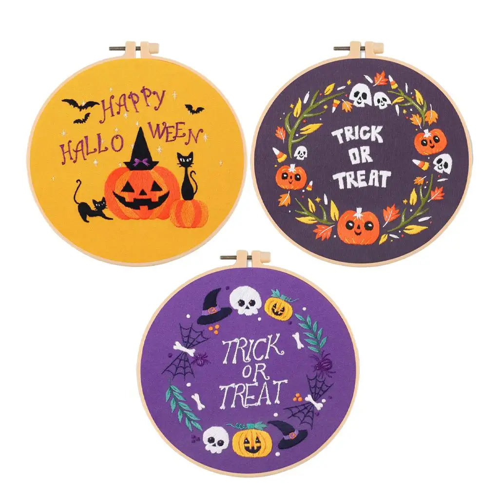 3 Sets Halloween Embroidery Starter Kit with Pattern DIY Beginners Craft Cross Stitch Needlepoint Set Stamped Cloth with Hoops
