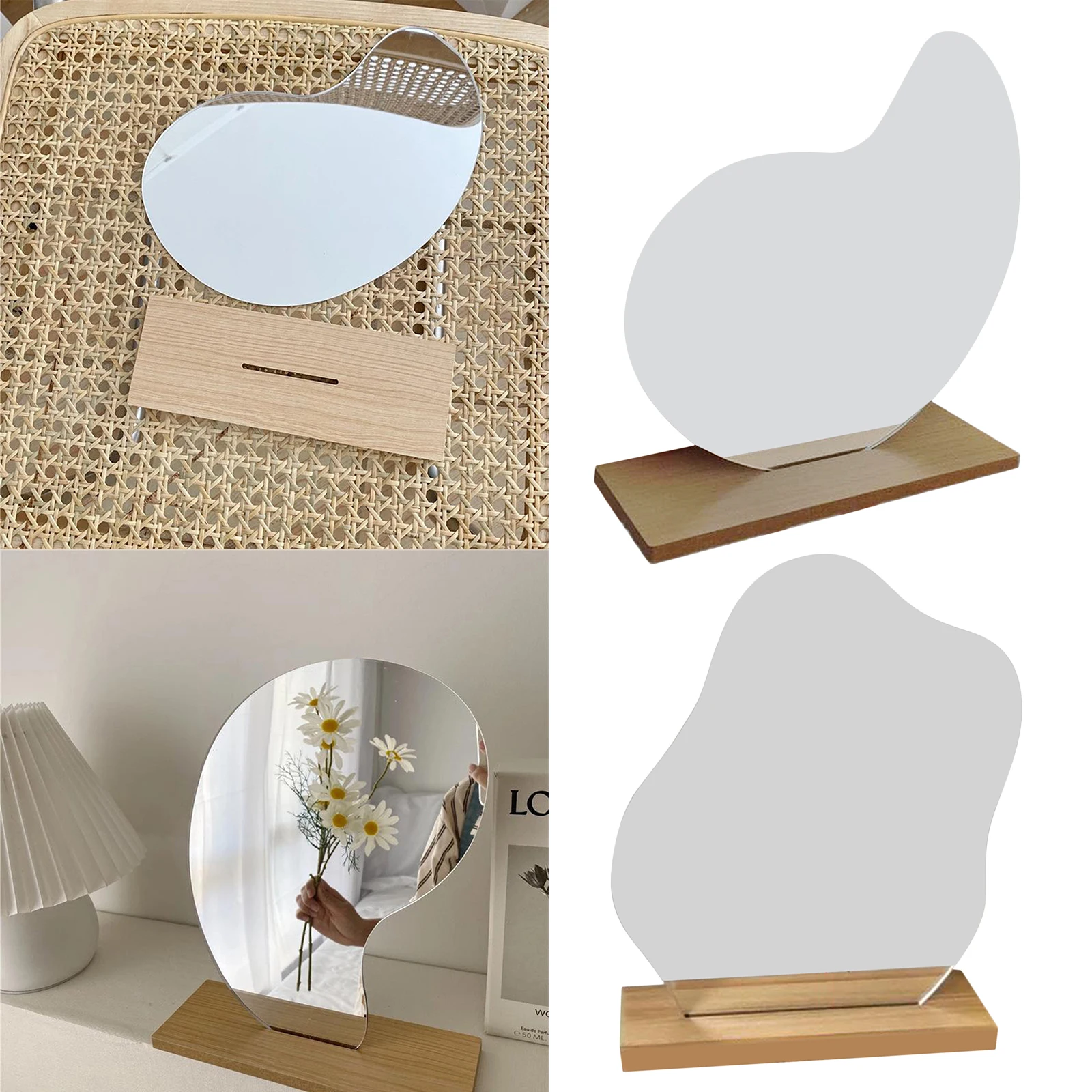 Irregularly Shaped Mirror Tabletop Decorative Mirrors with Wooden Base, Dressing