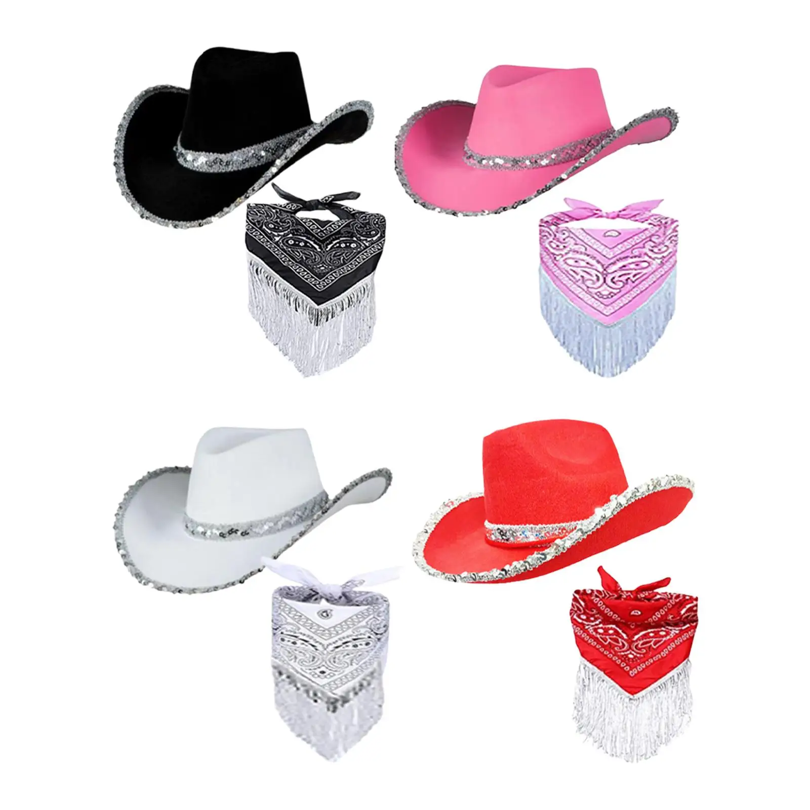 Cowboy Hat with Fringed Bandana Paisley Head Wrap Scarf Felt Cowgirl Hat for Music Festival Concert West Party Cosplay Costume