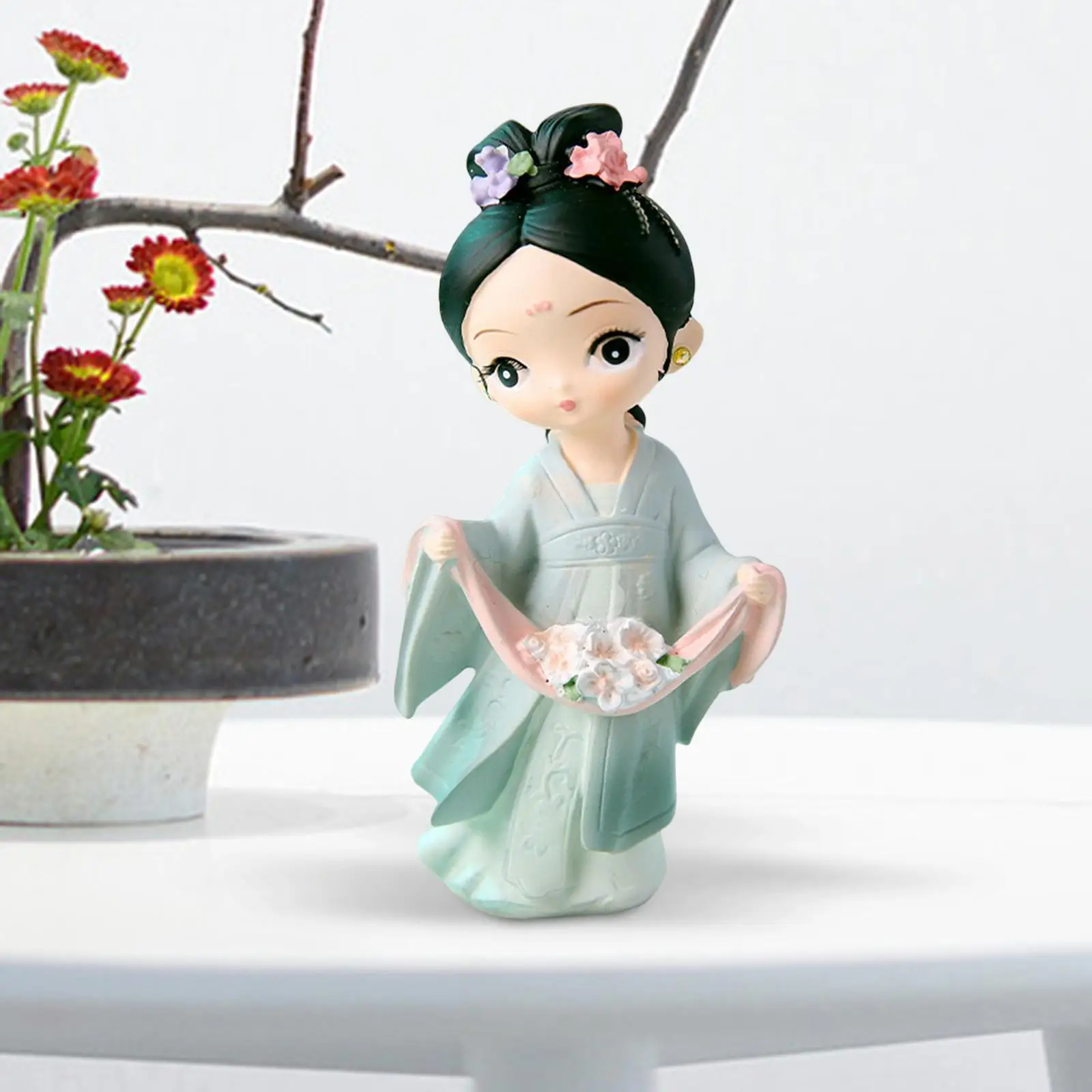 Resin Figurines Sculpture Bookshelf Cabinet Traditional Chinese Girls Statue