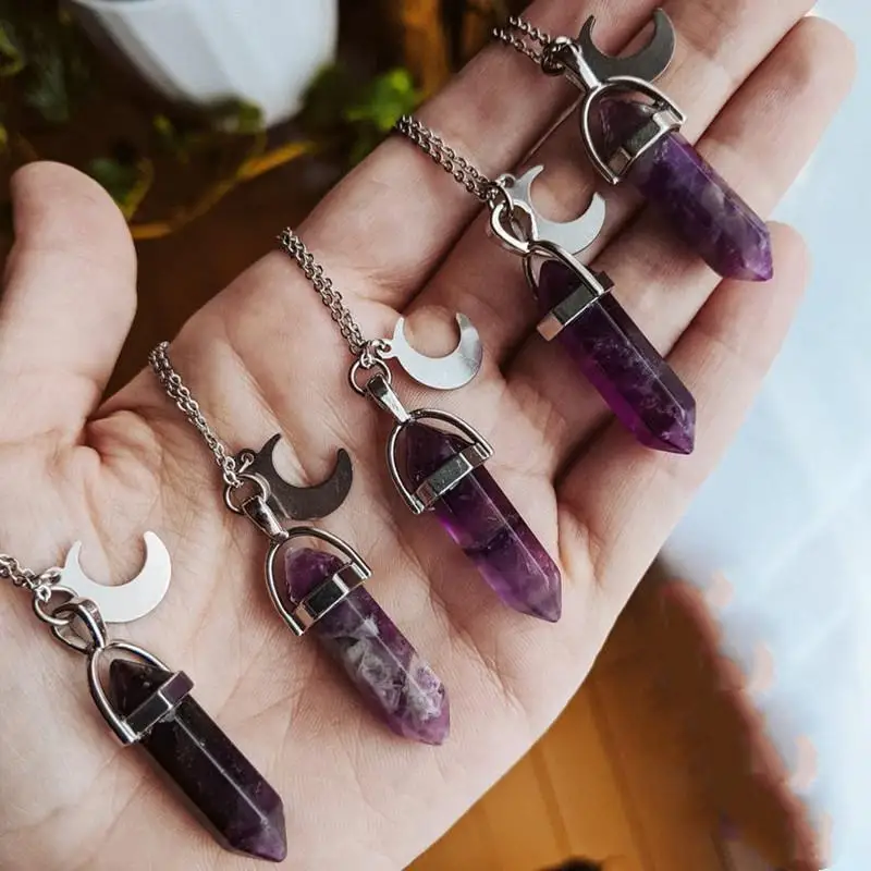 Модный Фиолетовый Кристалл, аметист, серебряный цвет, луна, кулон, ожерельедля женщин и мужчин, виккан, ведьма, волшебные ювелирные изделия, подарки