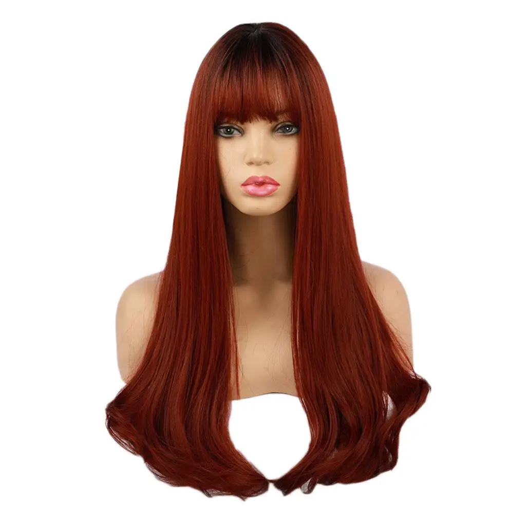 26`` Women Long Straight Heat Resistant Synthetic Wig w/ Neat Bangs Brown