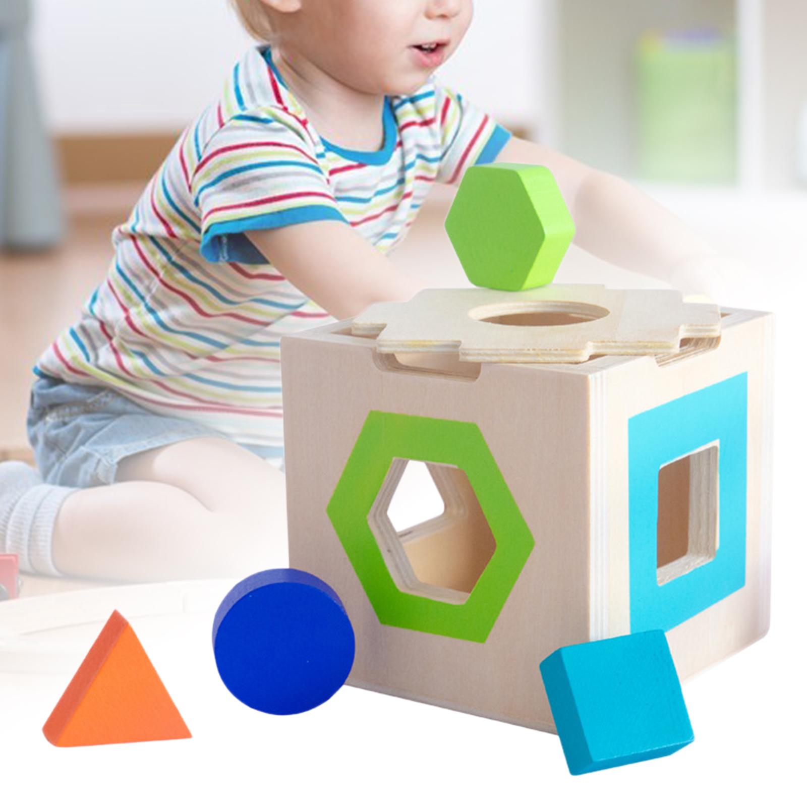 Wood Geometric Shape Blocks Sorting Cube Box for Preschool Children Hand-Eye Coordination