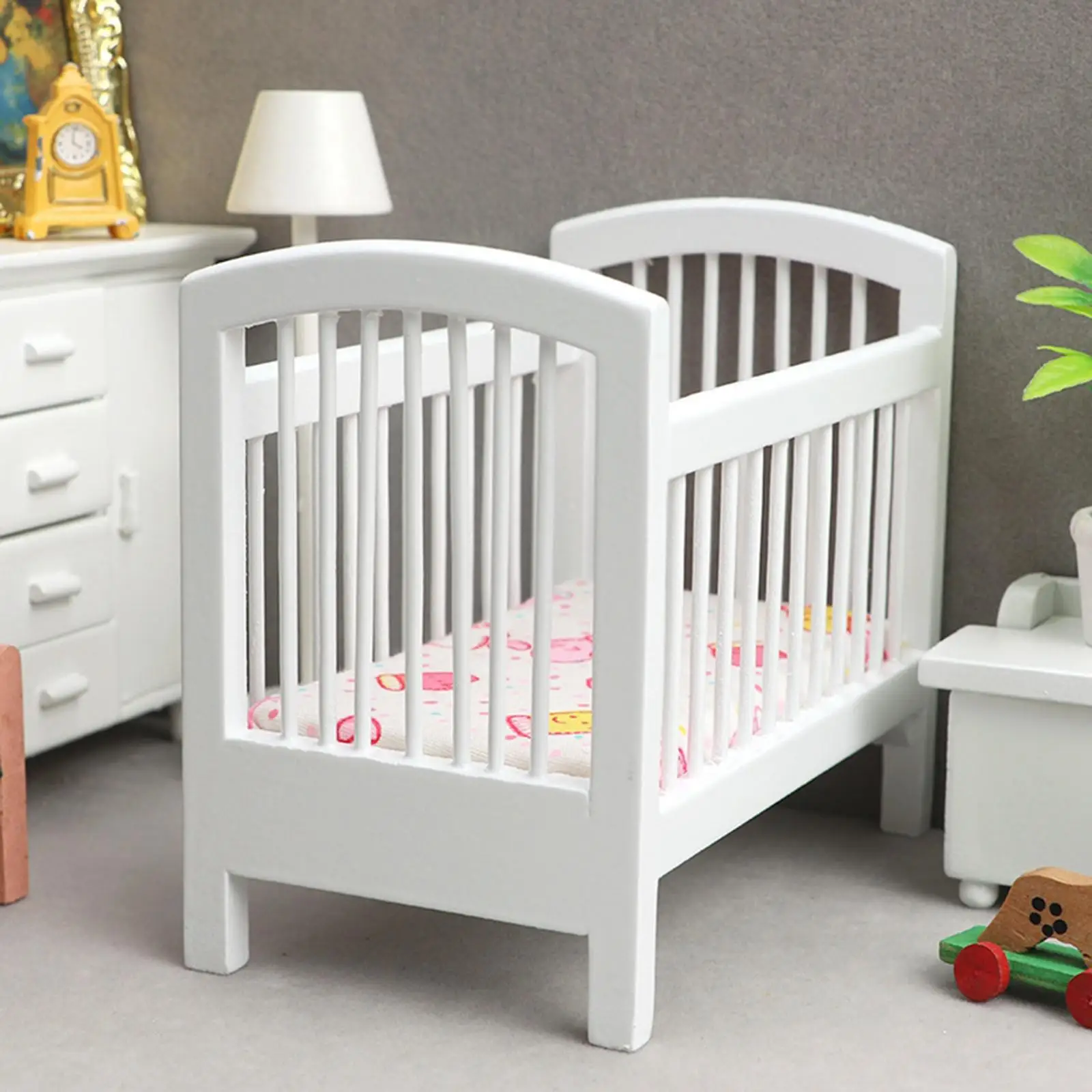 Dollhouse Miniature Wooden Crib Furniture Set with Mattress for Dolls Decor