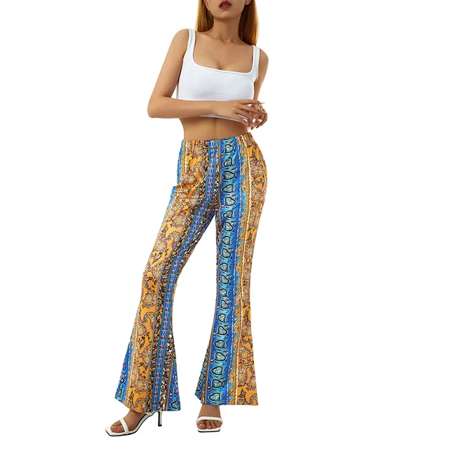 Ladies Print High Elastic Tight High Waist Pants Flared Pants Thin Casual  Party Street Spring Straight Retro Floral Print Pants