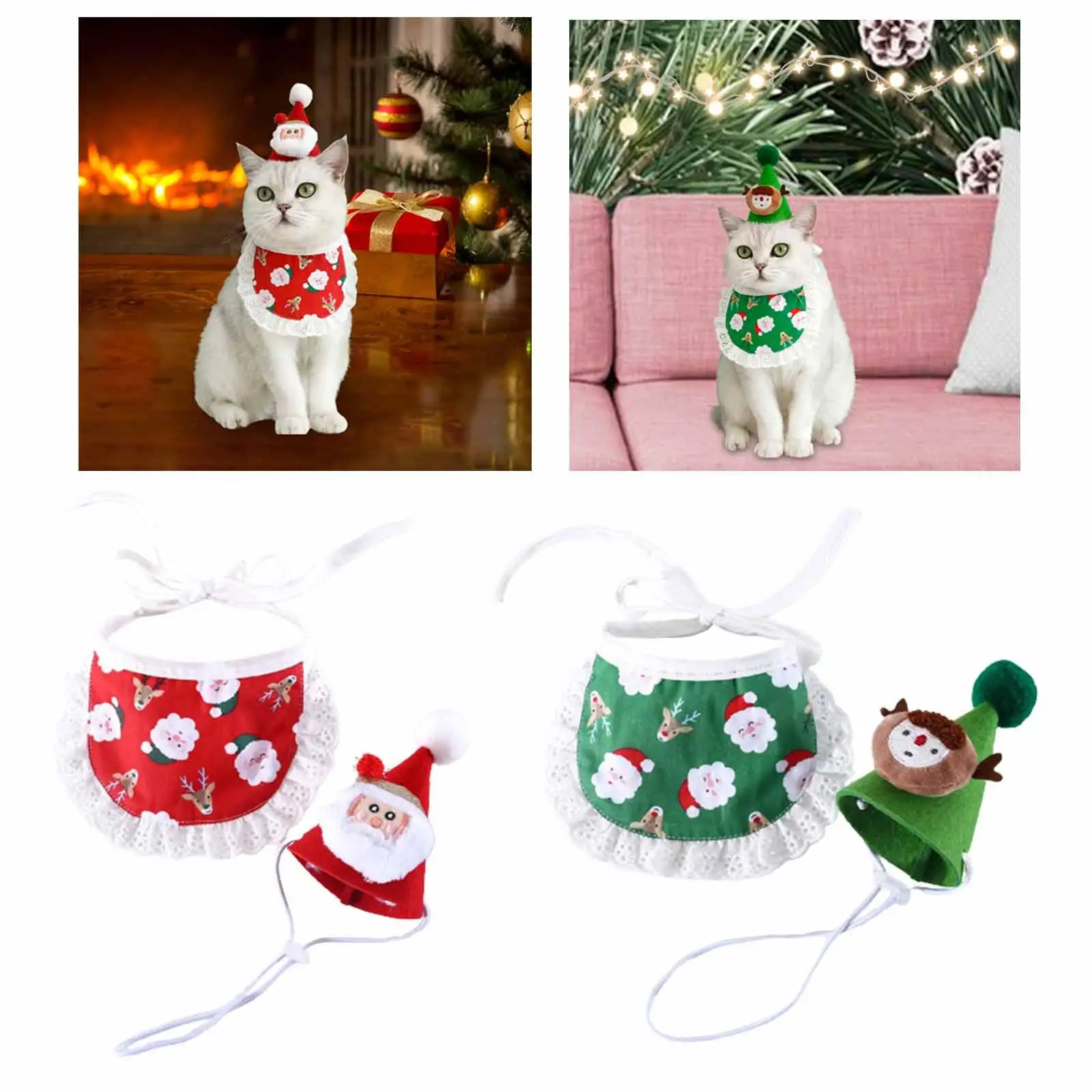 Xmas Cats Dogs Hat and Bib Set Holiday Cute Decor Neck Accessories Headdress