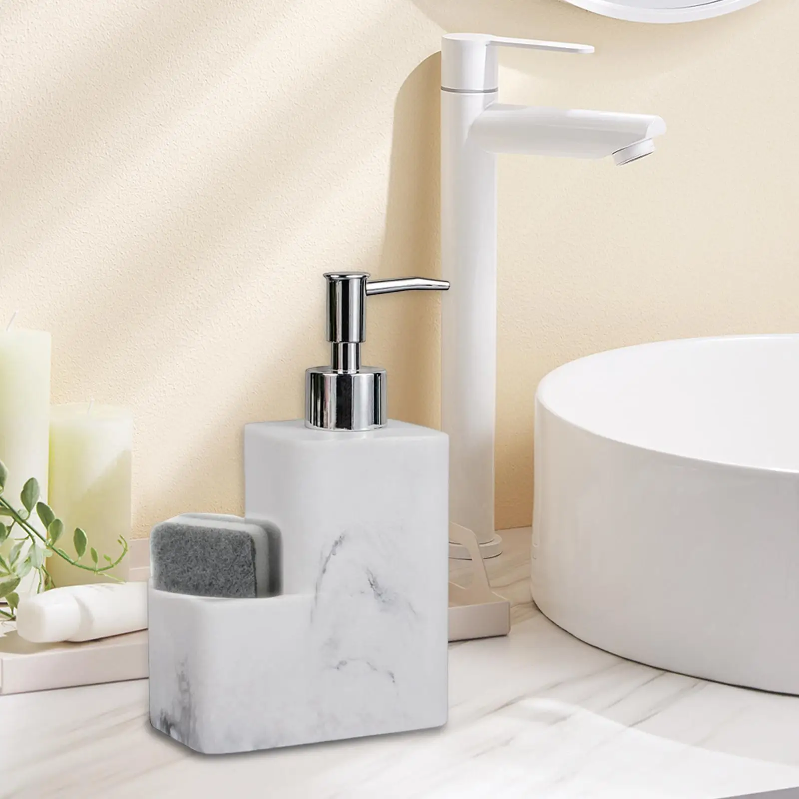 Refillable 350ml Dish Soap Dispenser Pump Bottle Marble Surface,Organizer Holder Stores Scrubbers for Countertop
