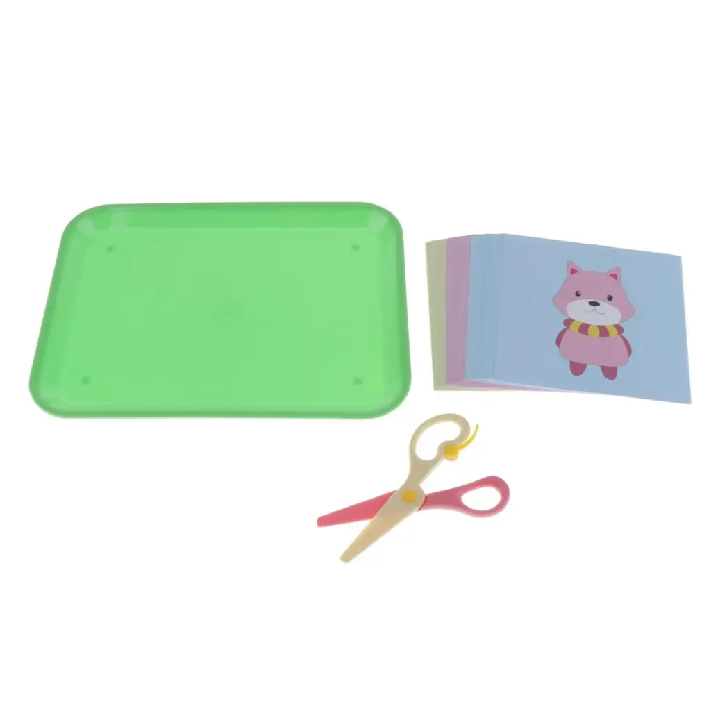 Montessori Teaching Aids, Cutting Set - 70pcs Papers with Different Shapes, 1 Green Tray and 1