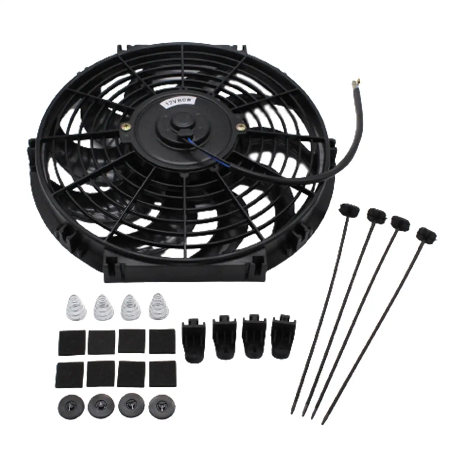 Electric Radiator Cooling Fan 12V 80W Wide Curved 10 Blades Mount Kit Push Pull Engine Cooling Device 12`` Slim Fan for Van