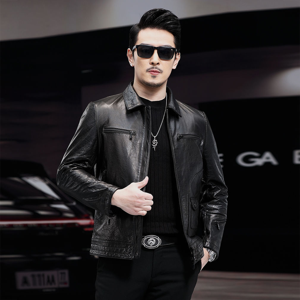 Description Picture 6 of item2022 Spring Autumn Men New Motorcycle Lapel Jackets Male Slim Fit Real Leather Coats Men Genuine Cow Leather Outerwear N90