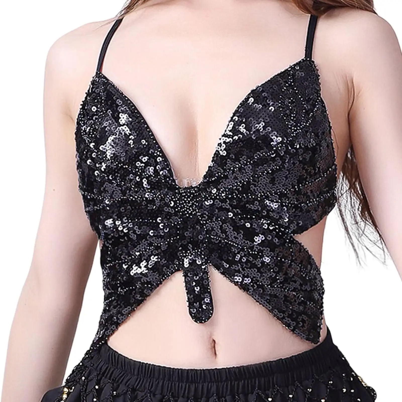 Women`Sequins Butterfly Crop Top Club Tribal Outfits Dance Wear Glitter Bra Tops for Halloween Rave Party Festival