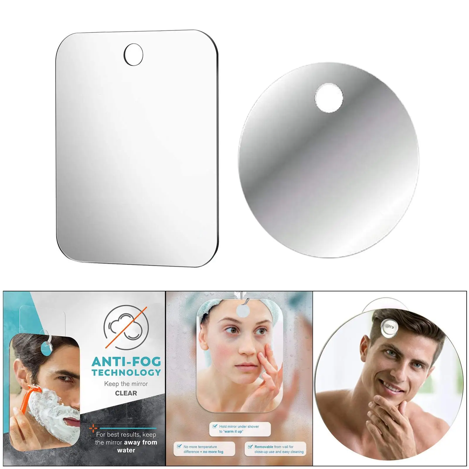 Anti-Fog Shaving Mirror |  Bathroom Handheld Mirror for Men and Women | Long-Lasting Removable  Hook