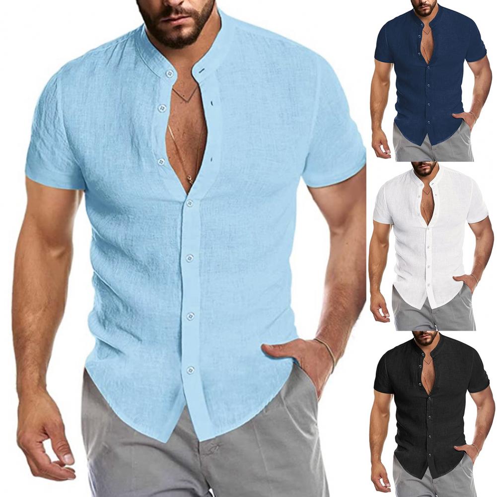 Title 9, Linen Men Shirt summer 2022 Stand Collar Short ...