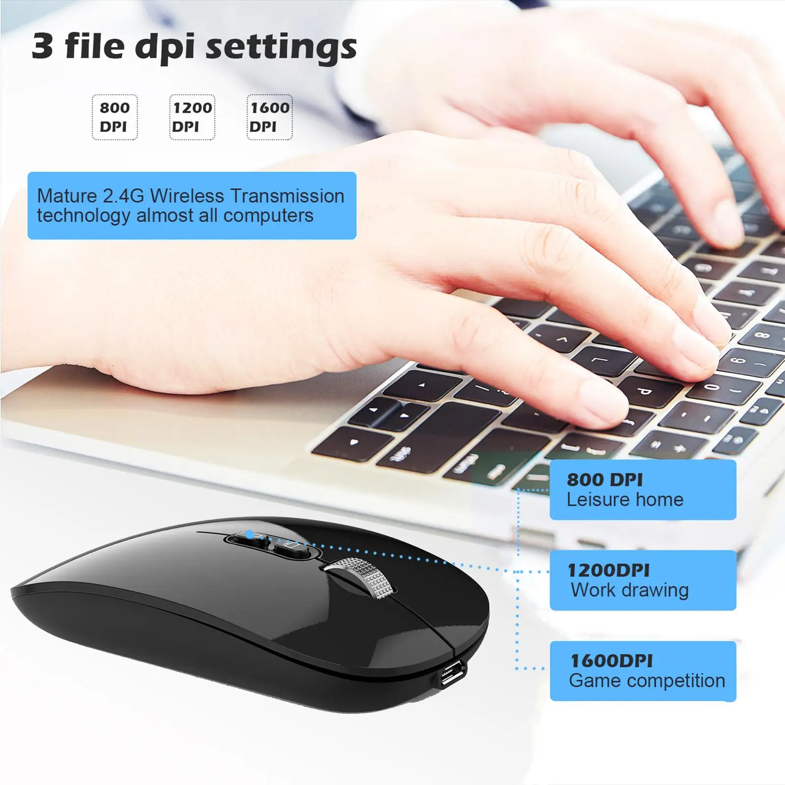 Wireless Mouse 2.4G Bluetooth 5.1 Portable 2 Modes 3 Adjustable DPI Optical Slim Cordless Mouse for Laptop Computer PC Office