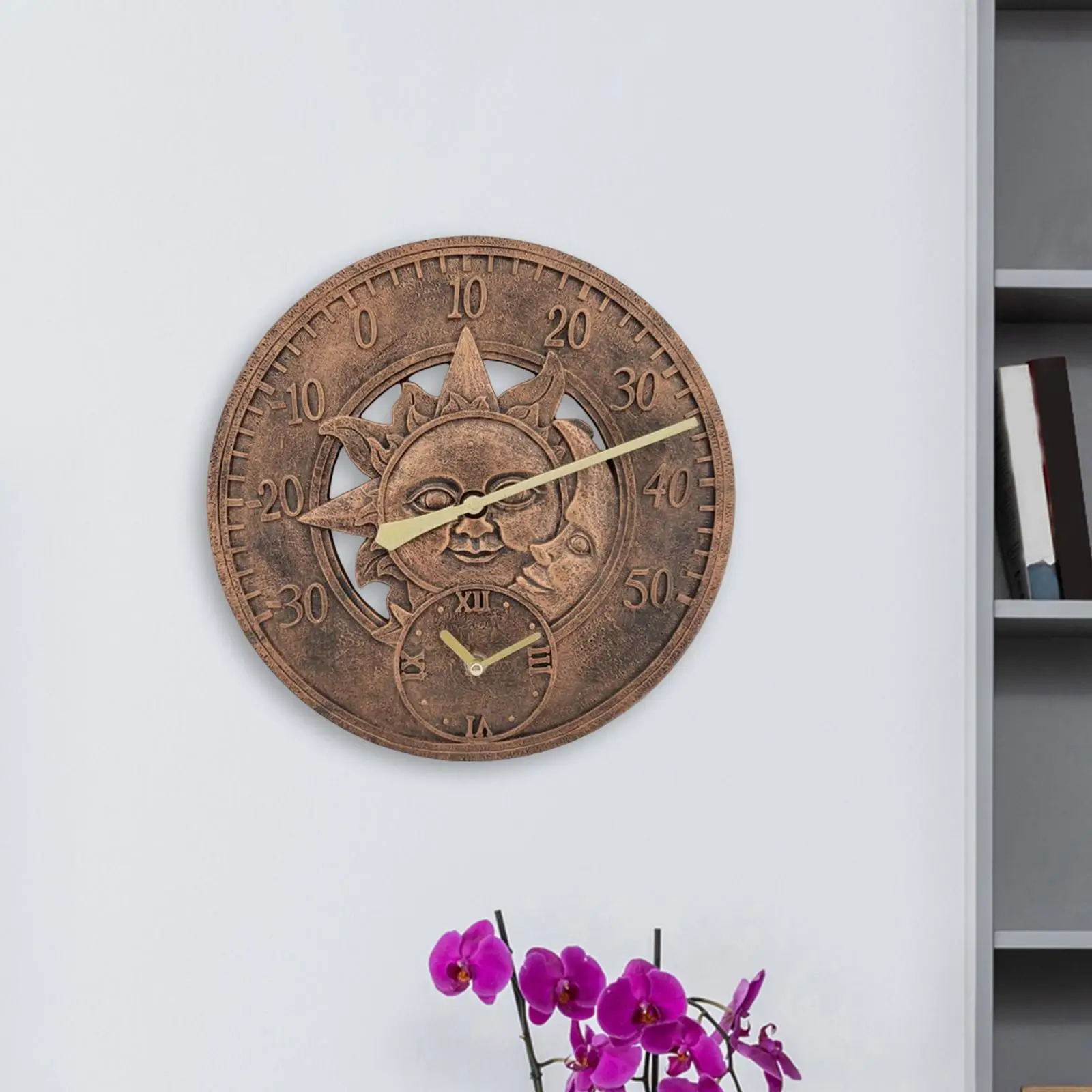 30cm Wall Clock Waterproof with Temperature Display Sun Decorative Indoor Outdoor Silent Hanging Watches for Porch Backyard