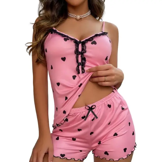 Conjunto de Pijama Sexy de 2 piezas para mujer, pantalones cortos con  cuello en V profundo, traje de encaje, ropa de dormir Sexy - AliExpress