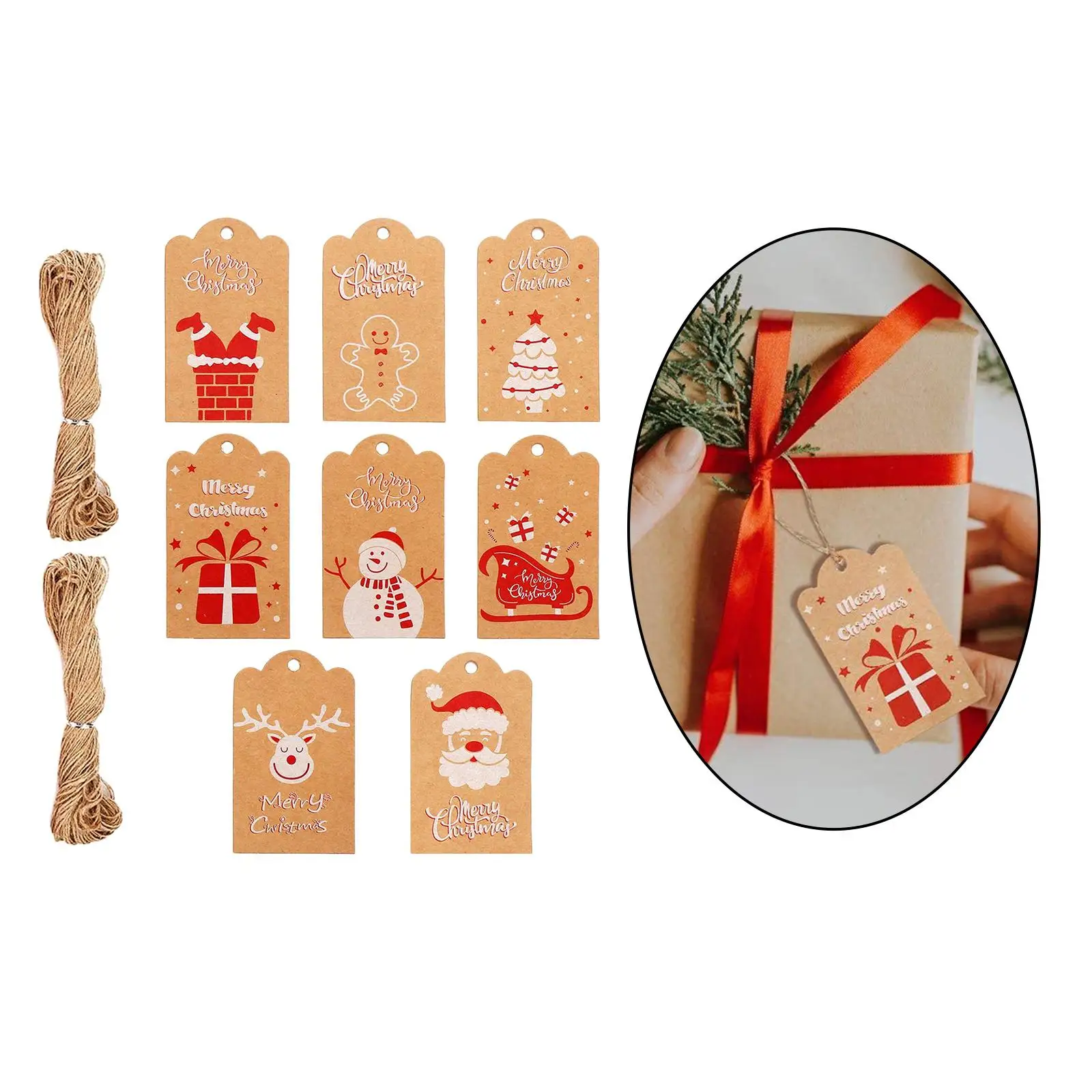 8x Christmas Kraft Paper Tags String Retail Price Tags for Wedding Holiday Christmas Gift Wrapping