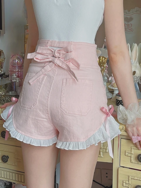 Pink Japanese Kawaii Two Piece Set Women Summer Sweet Lolita Shorts Suit  Female Print Bare Shoulder Blouse + Wide-leg Shorts New, Beyondshoping