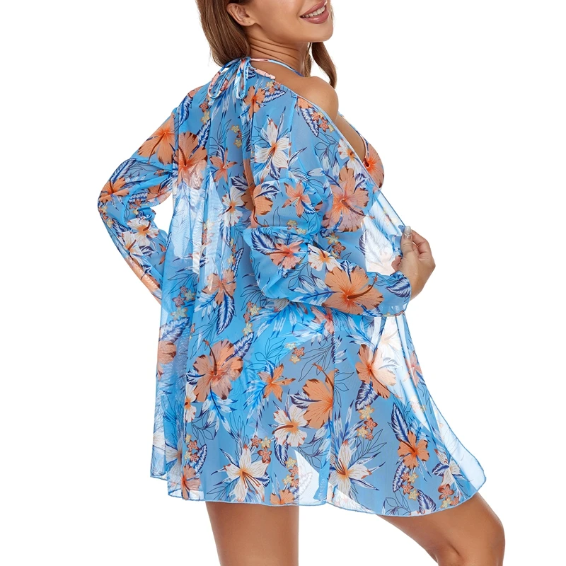 Women Cover-Ups Skirt Swimwears Floral Printed Tie-Up Sheer Skirt Long Sleeve Cardigan Cover-Up Beach Wear Swimming Outfits 2022 bathing suit cover