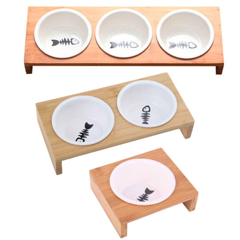 Title 1, Cat Food Bowl with Wood Holder Ceramic Feeder B...