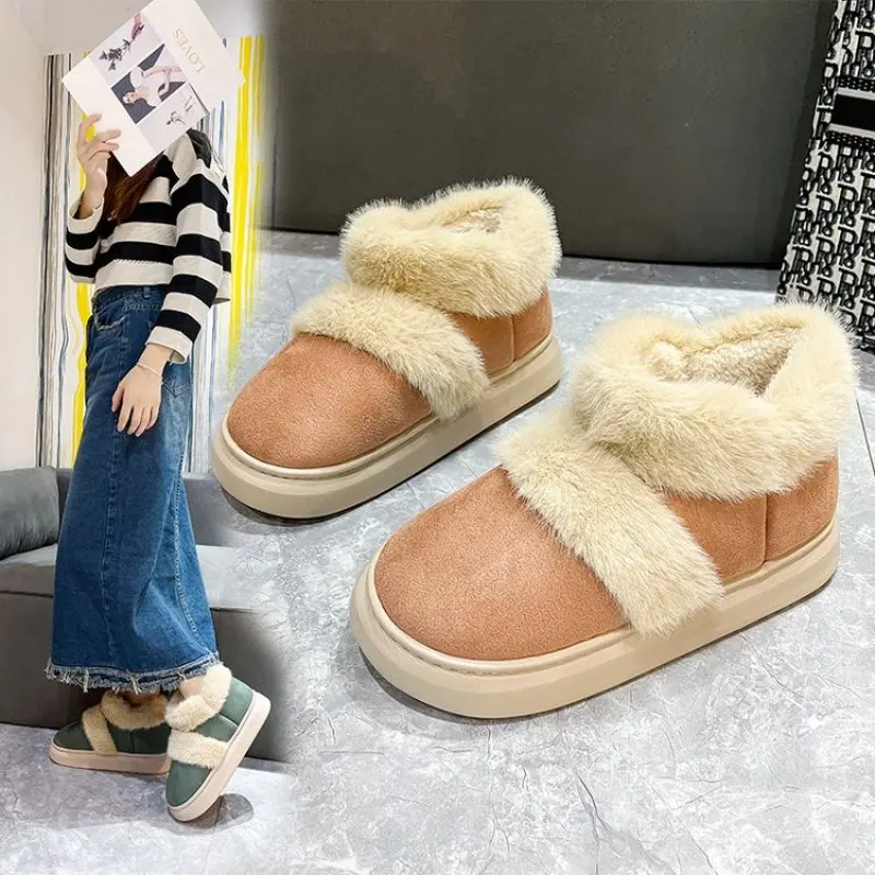 Женские зимние плюшевые туфли на плоской подошве, с хлопковой подкладкой,  новинка 2024, модная повседневная домашняя замшевая теплая обувь на  хлопковой подкладке с мехом | AliExpress