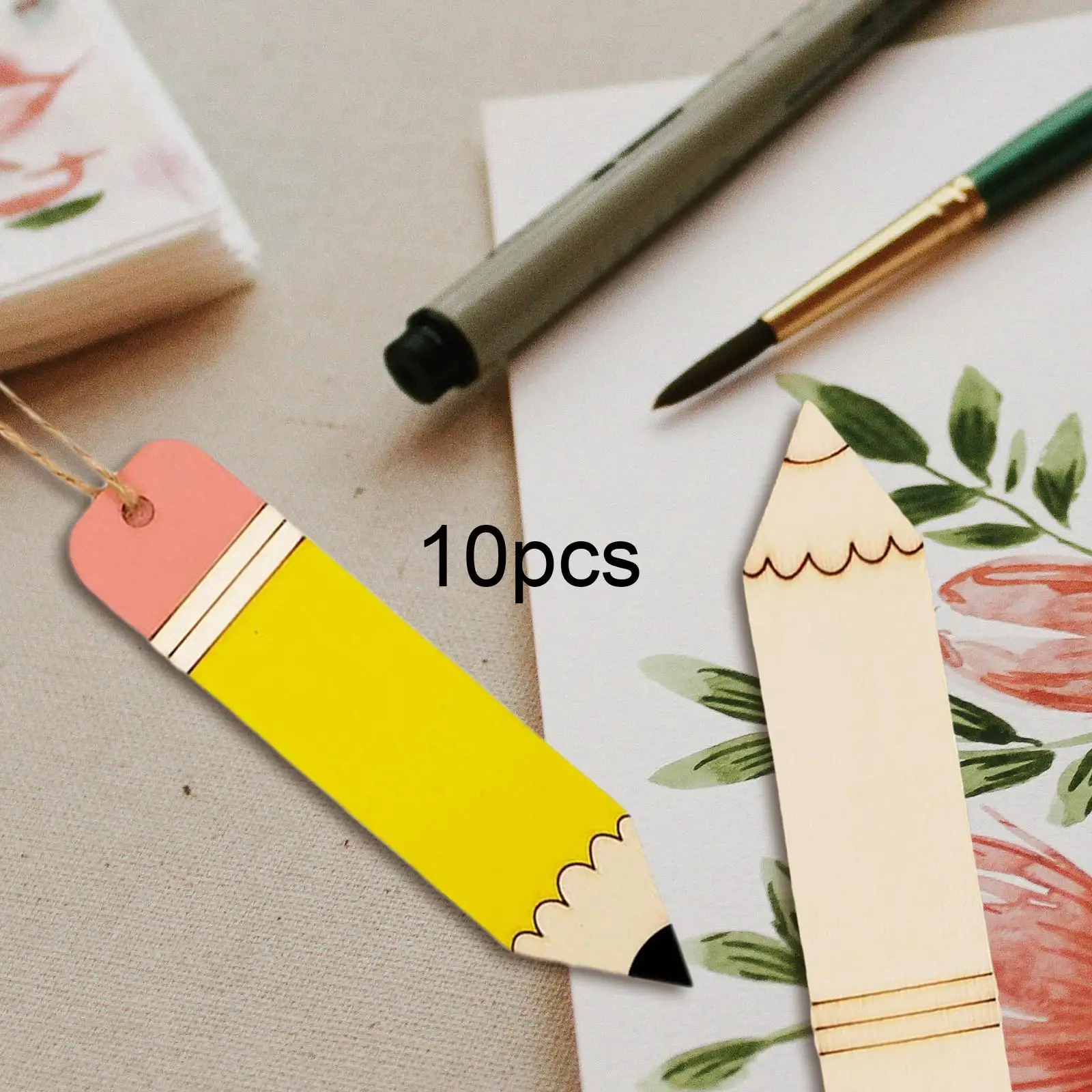 10Pcs Wooden Pencil Crafts Natural Board with Hole Ropes Hanging Blank DIY for Parties Preschool Classroom Baby Showers Holiday