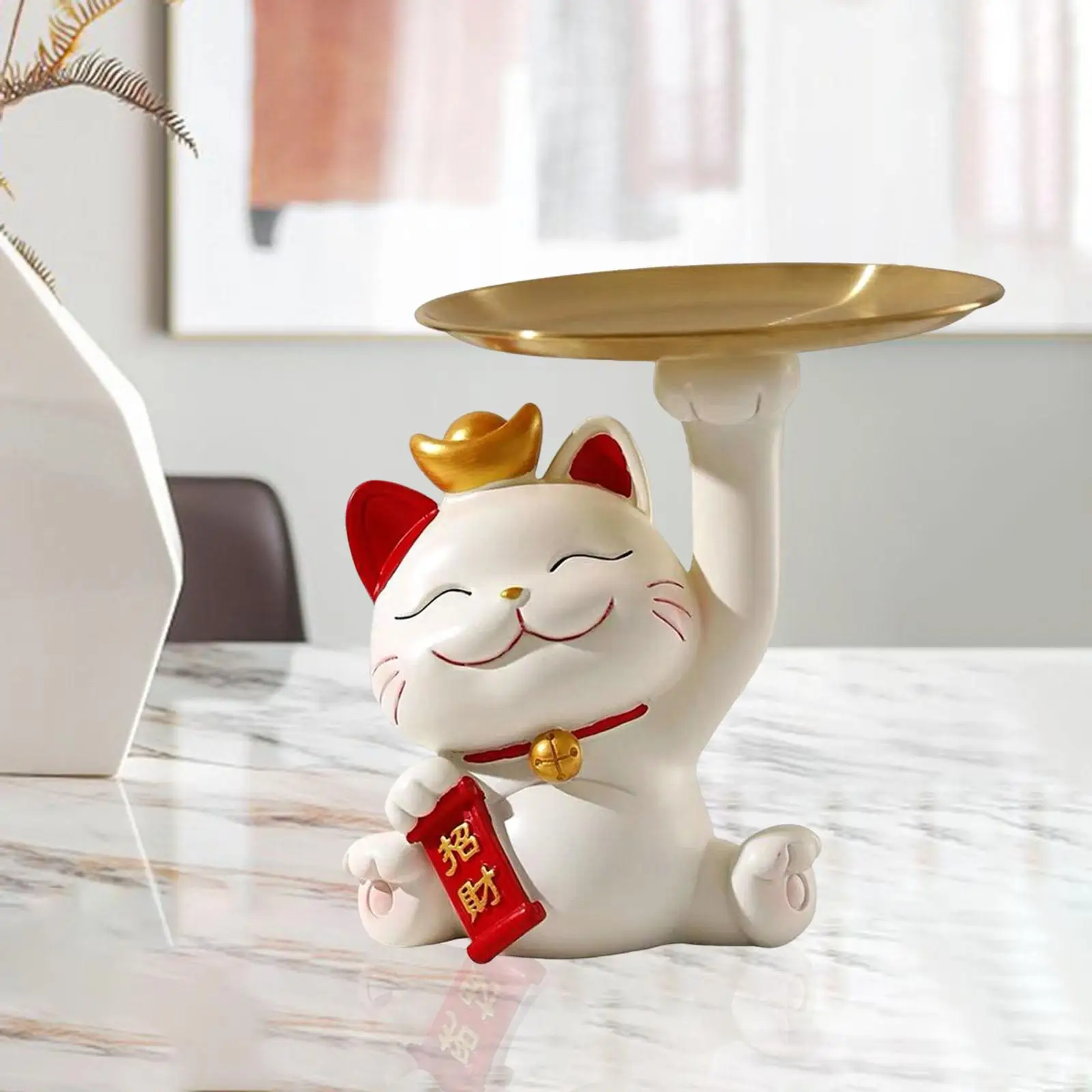 Cat Sculpture with Storage Tray Resin Storage Holder Sundries Container Cat Statue for Office Cabinet Living Room Decor Ornament