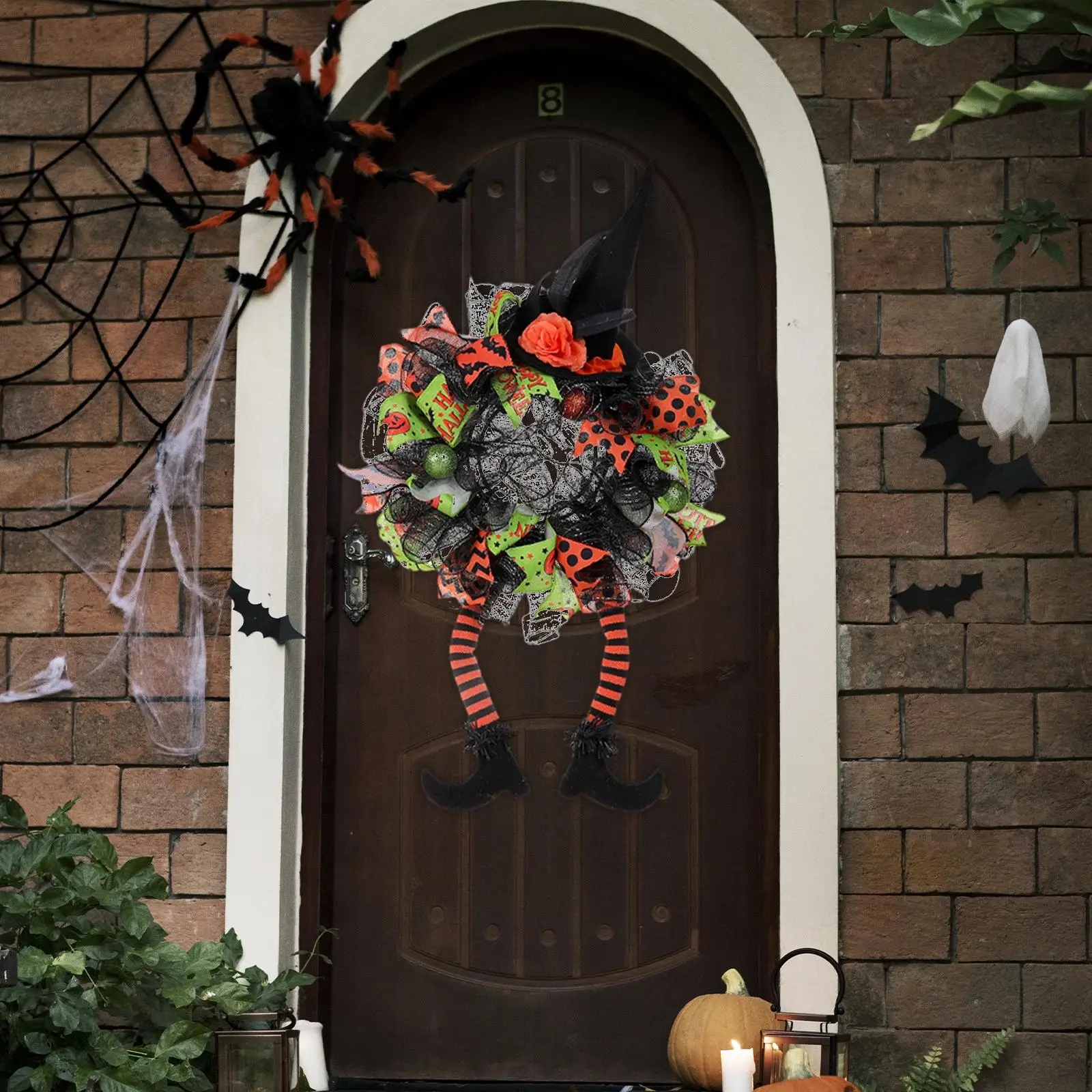 Halloween Witch Wreath Two Long Legs 29.53inchx15.75inch Halloween Ribbon Wreath for Indoor Outdoor Door Halloween Party Home