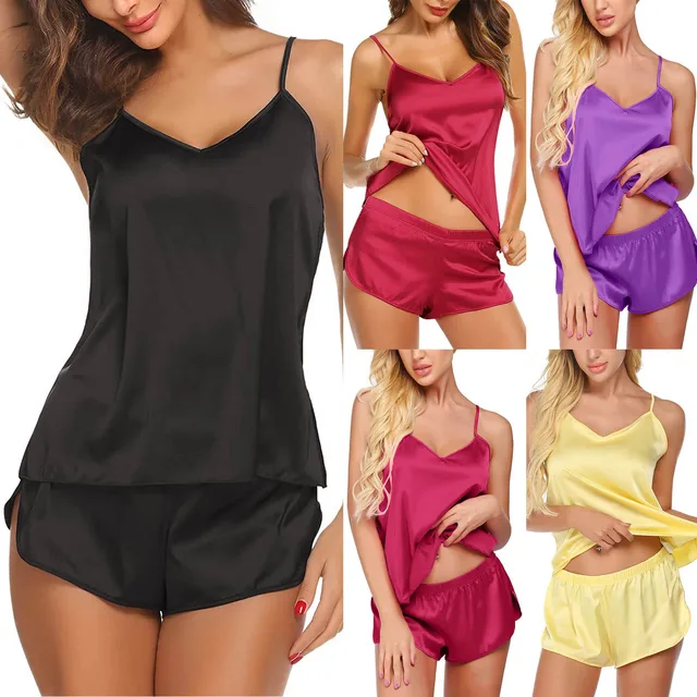 Ekouaer Womens Soft Satin Sleepwear Lingerie 2 Piece Silk Pajamas Set Cami  Top and Shorts Sleep Camisole Nightwear A-black at  Women's Clothing  store