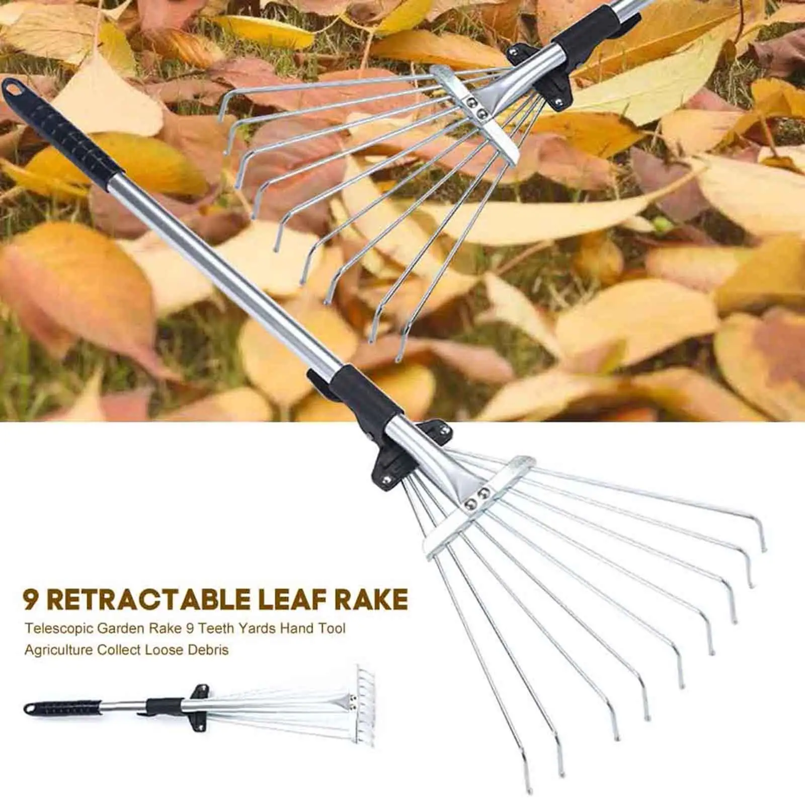 Telescopic Garden Leaf Rake Lightweight Adjustable for Plants Lawns Camping
