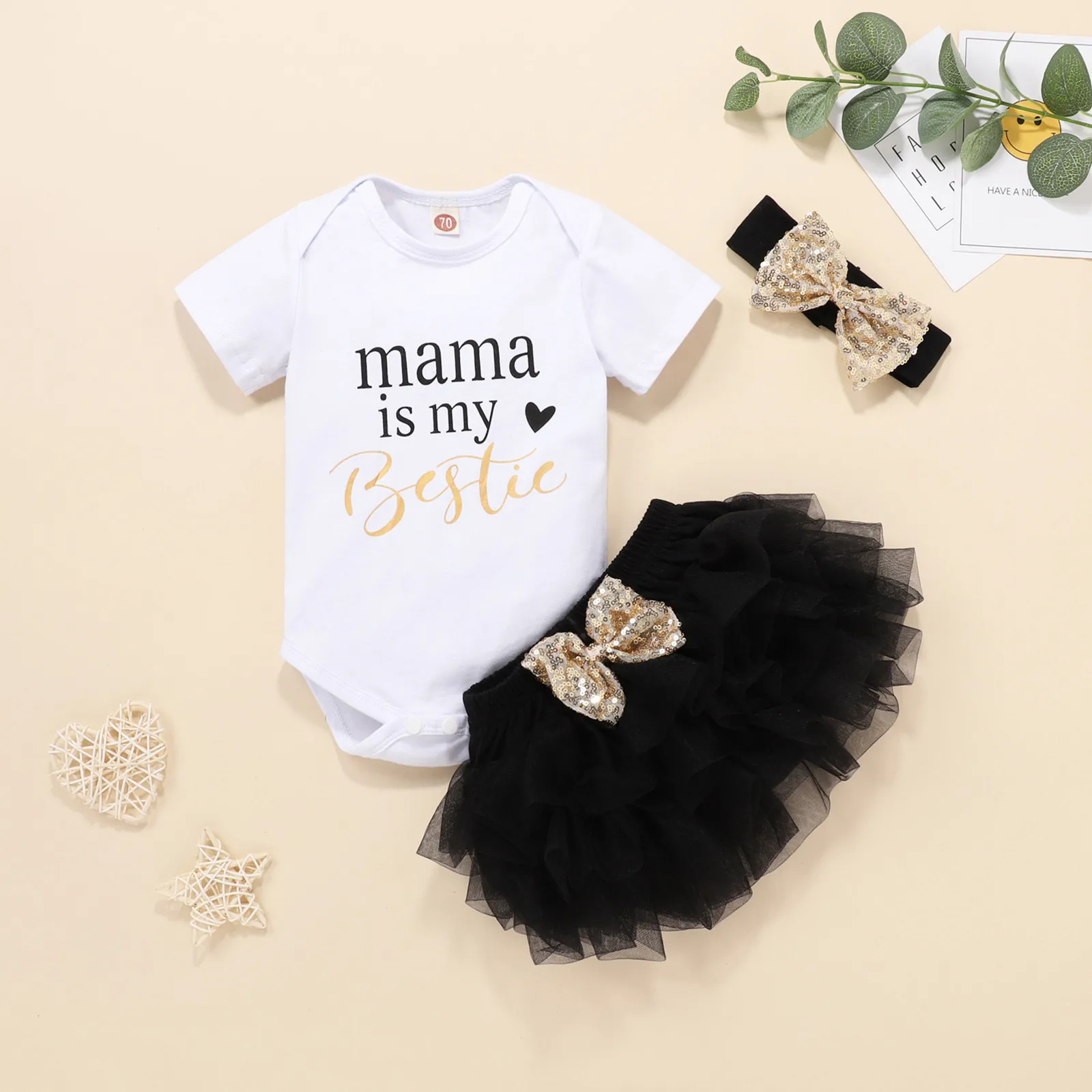 Infant Baby Girls Clothes Letter Romper Tops Bowknot Tulle Skirt Headband Outfit Clothes Sequins Baby Girl Outfit For Summer baby clothing set long sleeve	