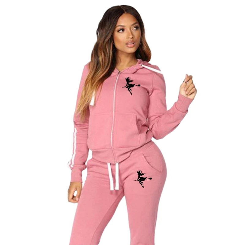 Printed Woman Zipper Hooded Tracksuits Pullover + Pants 2 Pcs Set Spring and Autumn Women's Suit Fitness Jogging Sports Kit pink bape hoodie