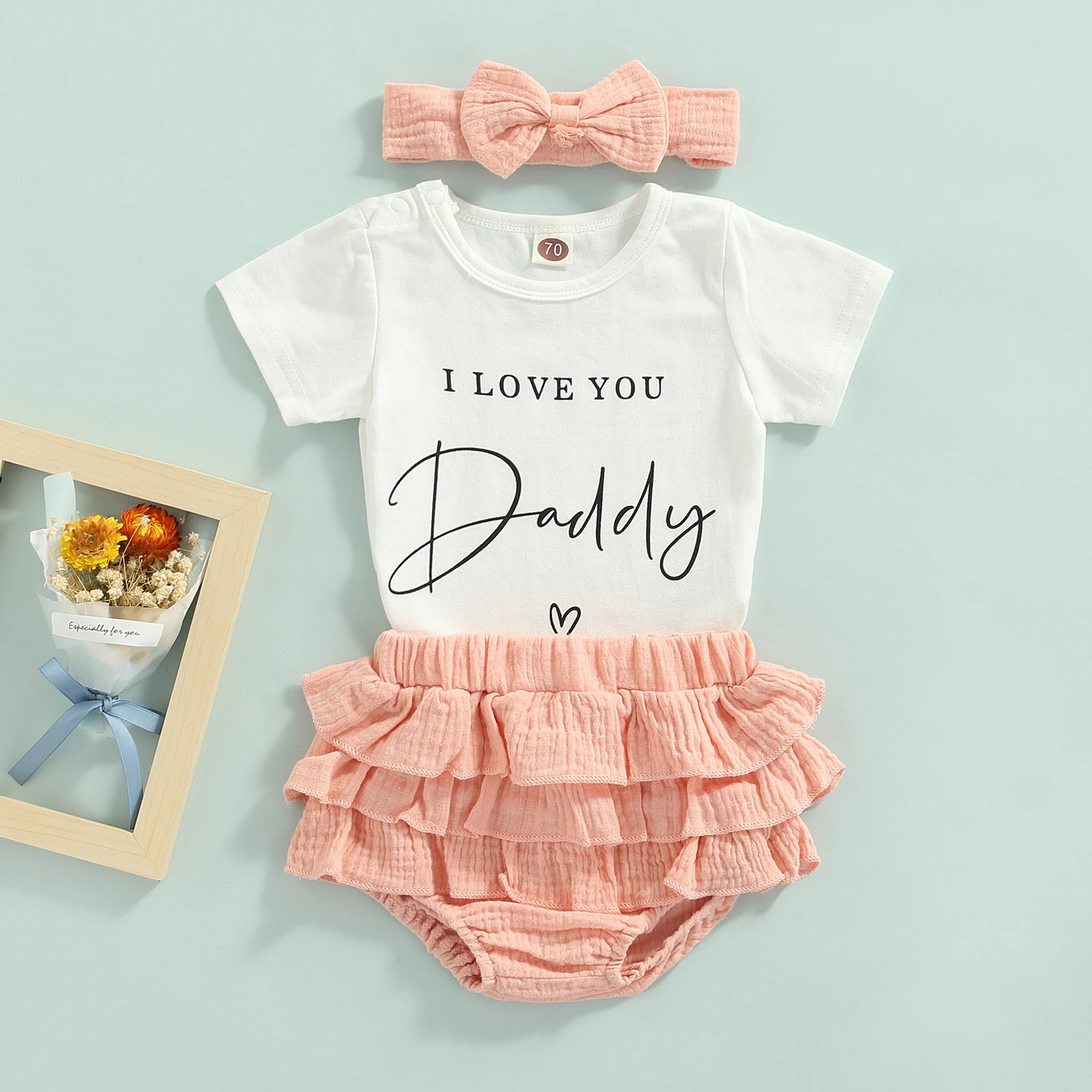 2022 0-18M Baby Girl Clothing I LOVE YOU DADDY Letter Print Short Sleeve T-shirt+Layered Ruffle Shorts Skirt+Bow Headband 3pcs baby's complete set of clothing