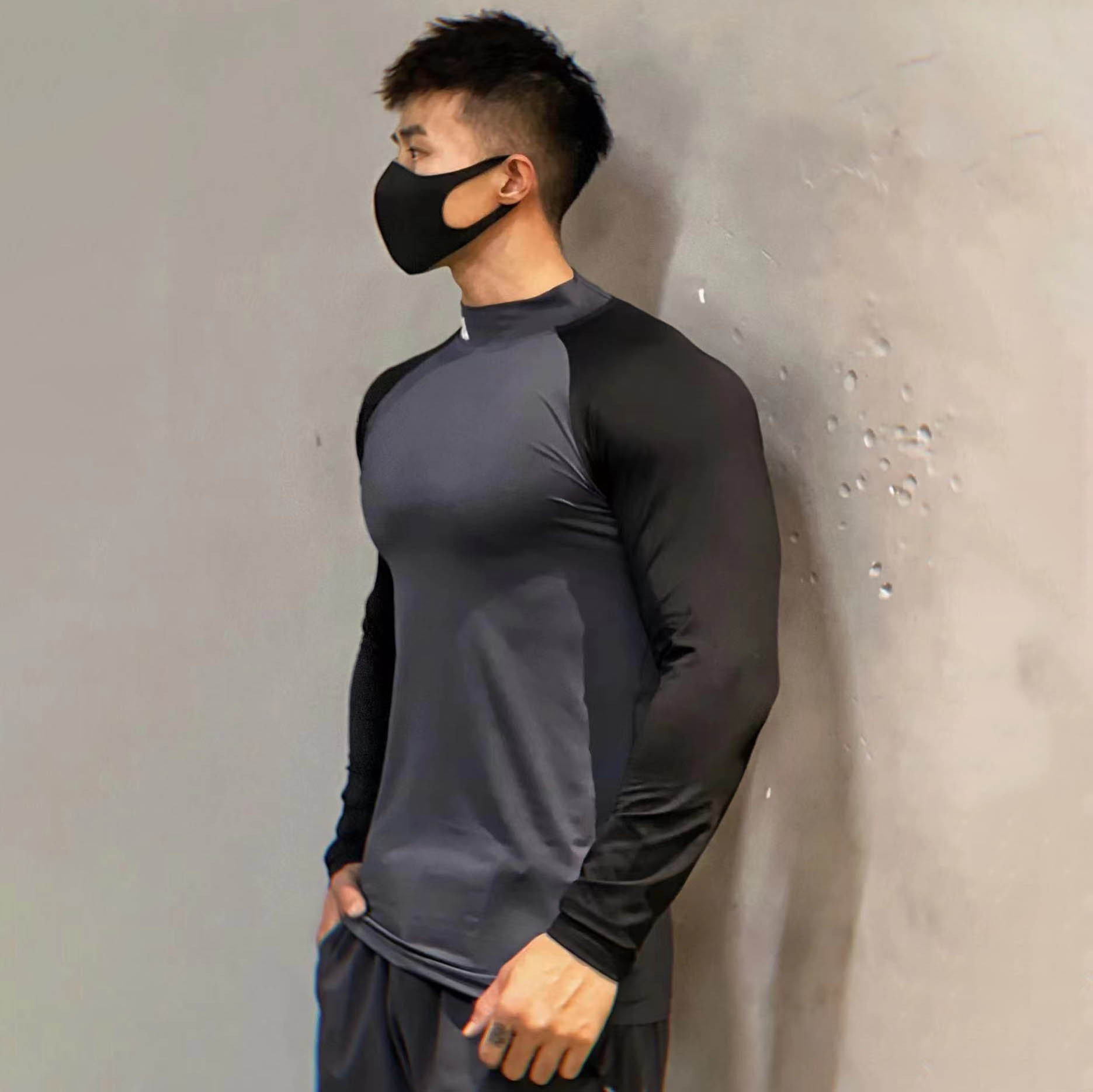 Männer Rollkragen Langarm Shirts Slim Fit Bodybuilding T-shirt Patchwork für Männer Woukout Fitness Training Hemd – Detail 4