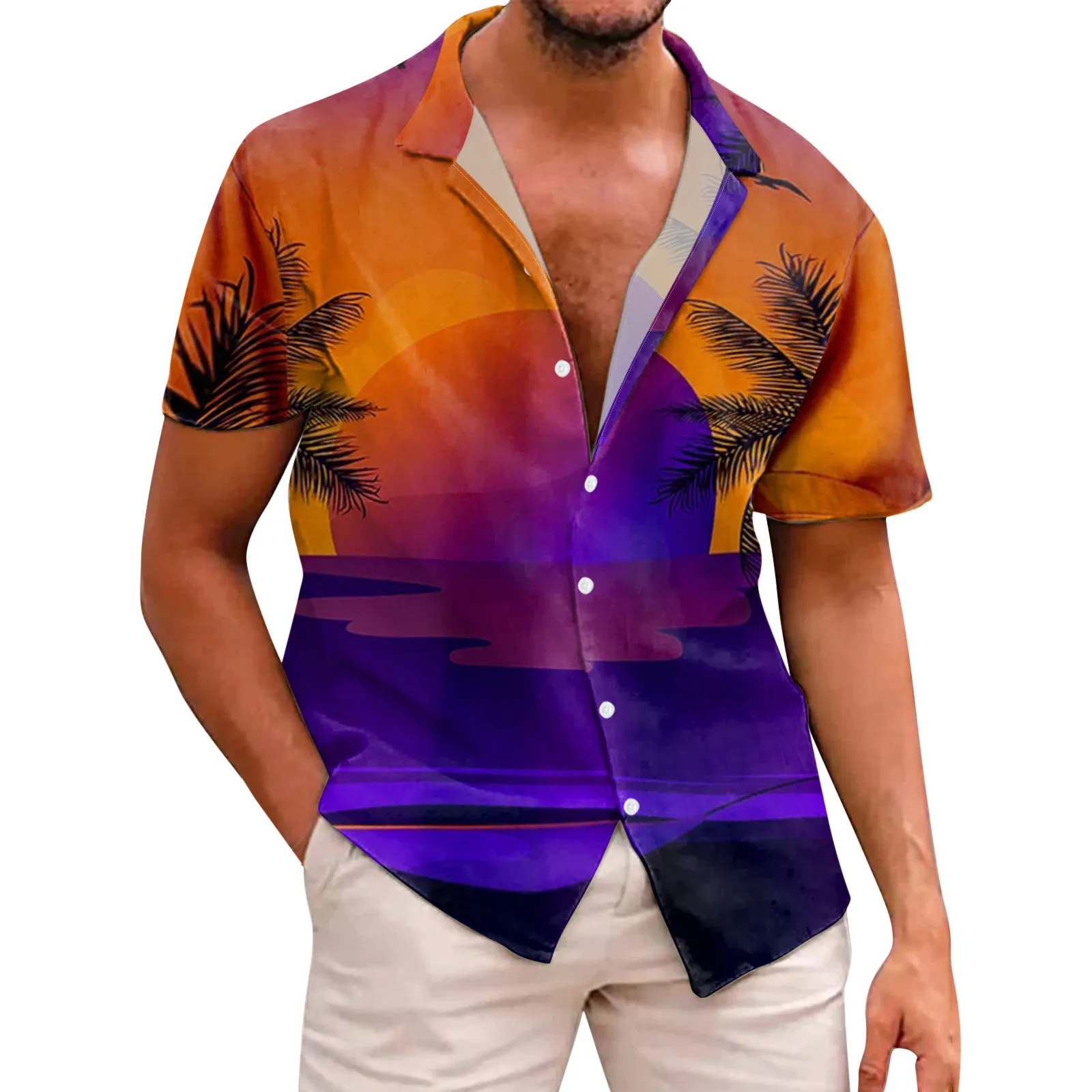 WUAI-Men Hawaiian Shirt Casual Relaxed-Fit Printed Aloha Tropical Beach Holiday Button Down Shirts 