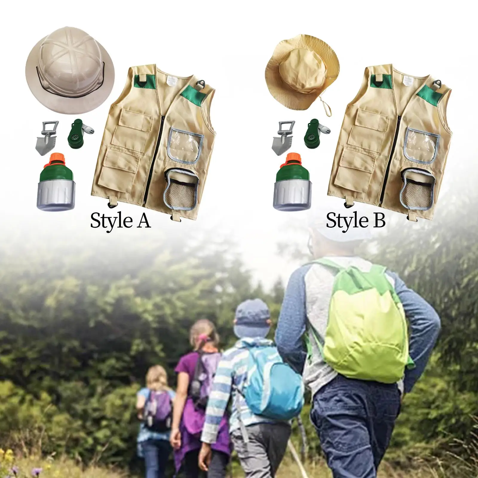 Outdoor Adventure Kits Kids Explorer Costume, Cargo Vest and Hat Compass Bottle, Children Toys Explorer Kits for Paleontologist
