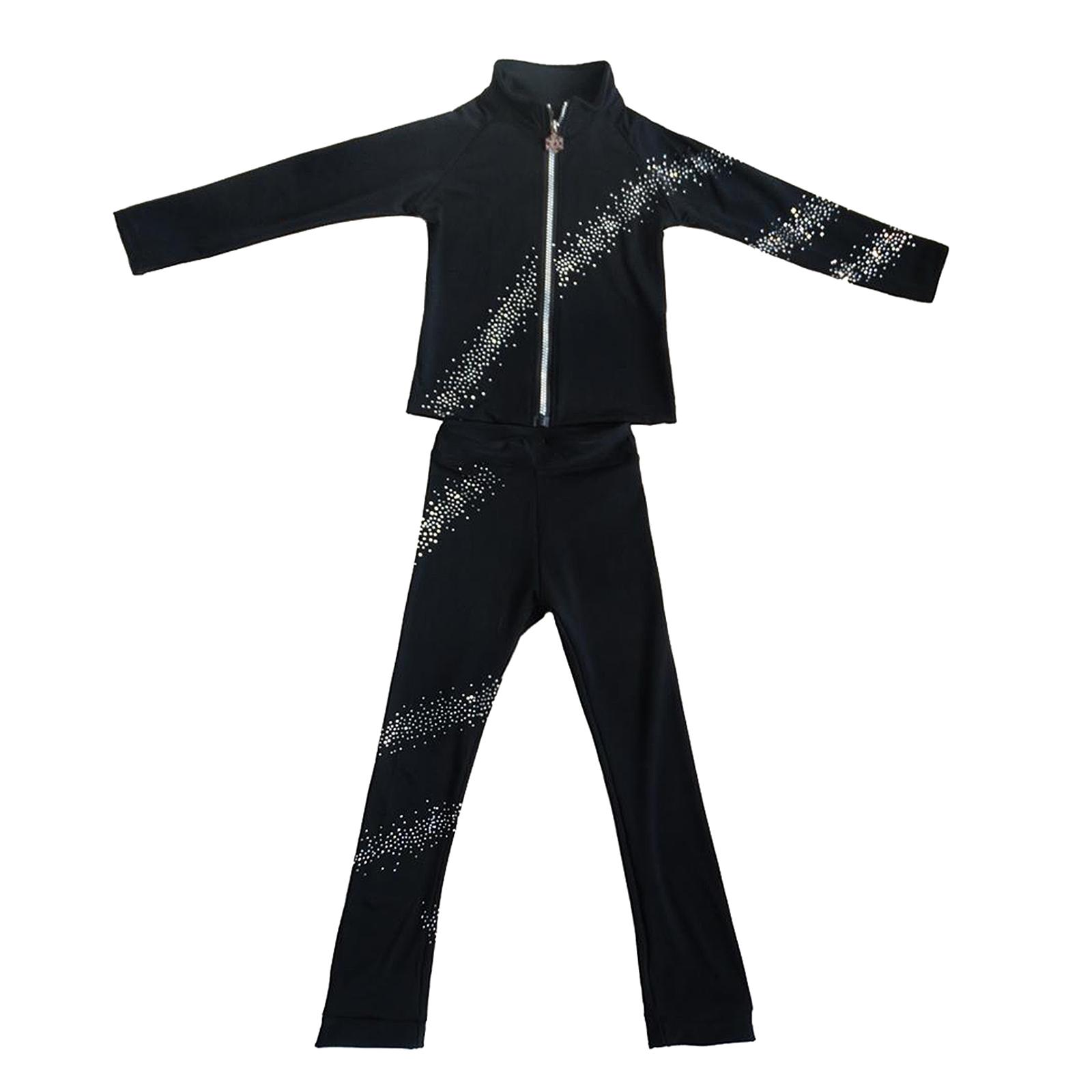 Ice Figure Skate  Skating tec  Fleece Jacket Pants with Spiral Rhinestones Skating Trouser Coat Set