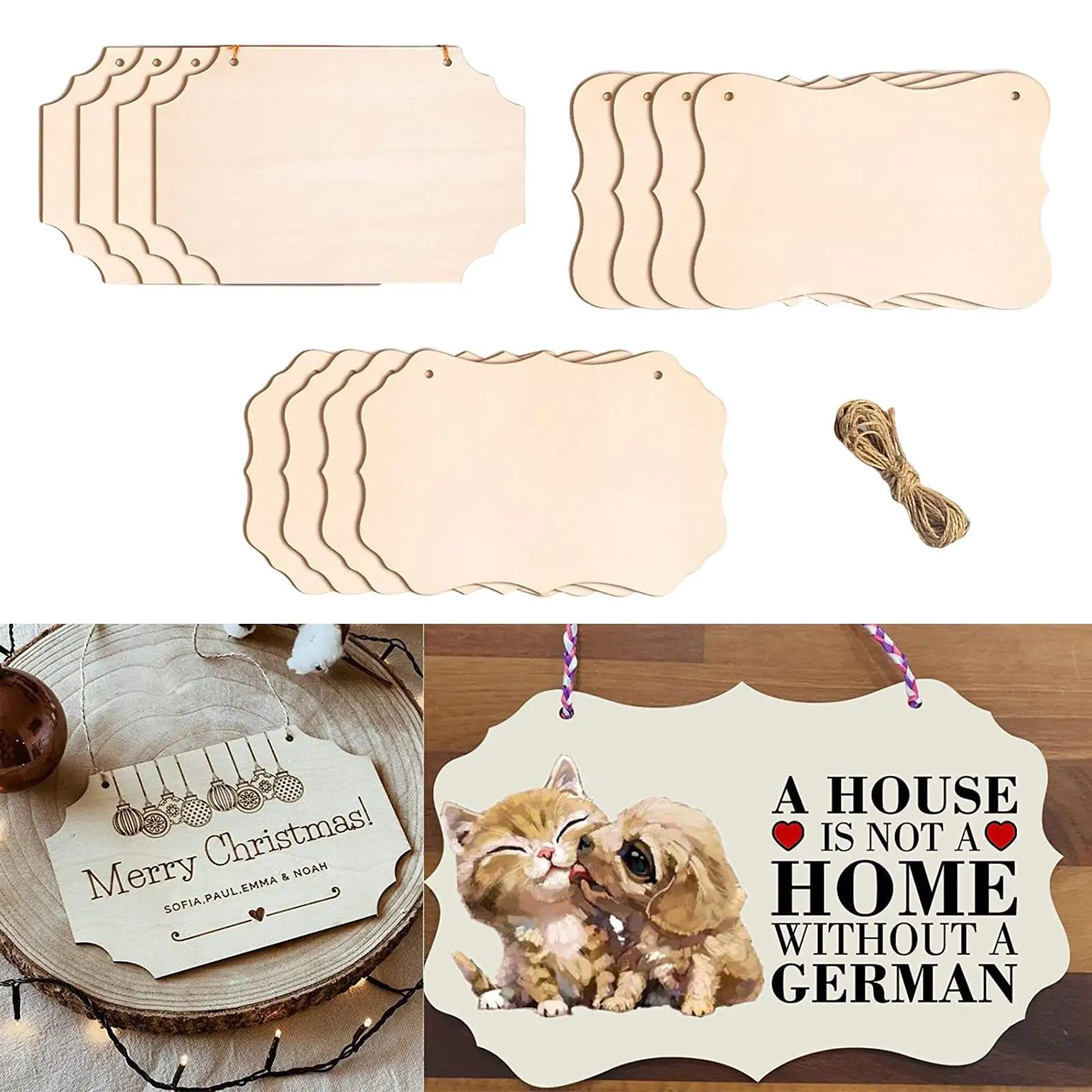 12Pcs Unfinished Blank Signs DIY (Beige) Plain Plaque with Rope Rectangle Wood Decorative Banners for Craft Christmas Crafts