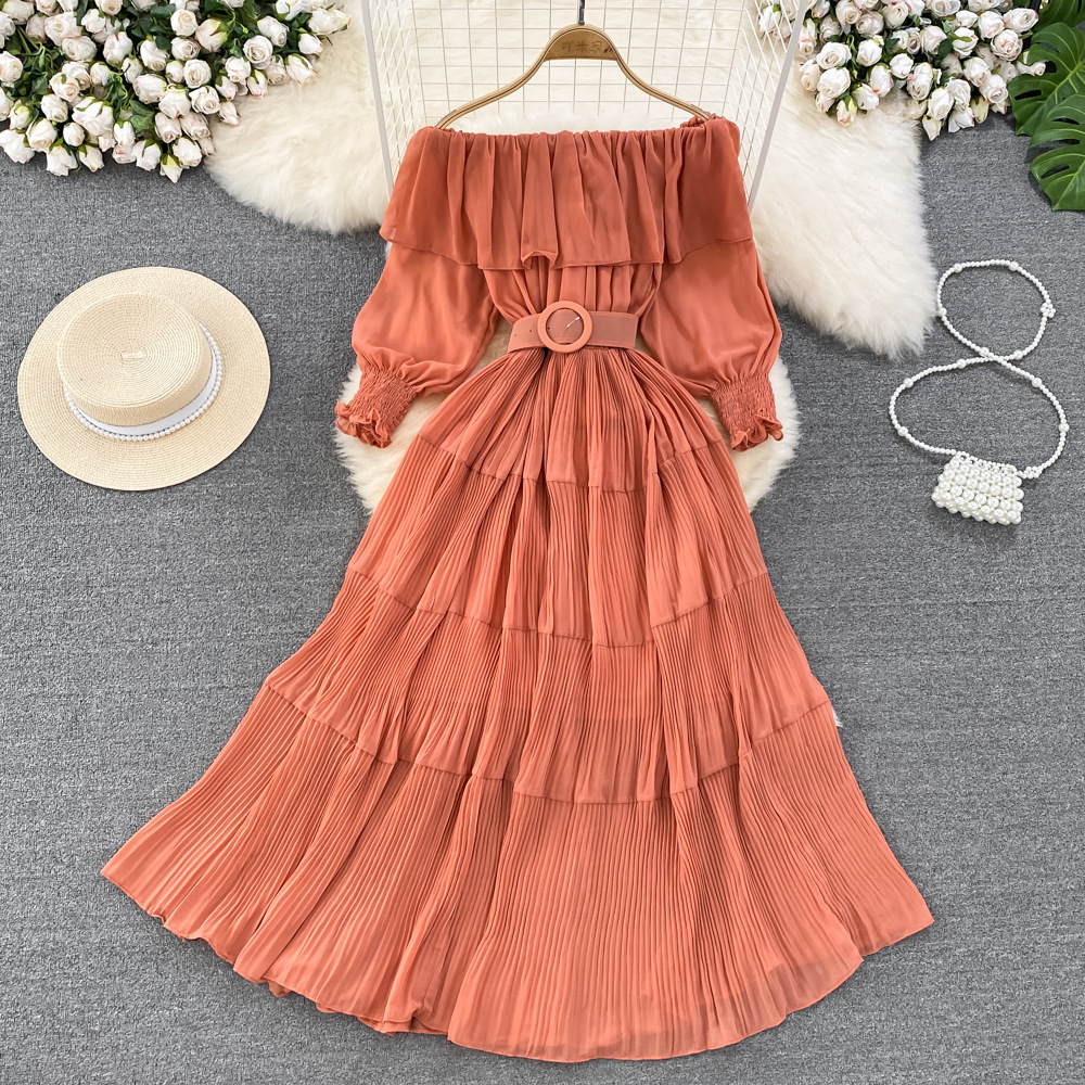 Women Vintage Off Shoulder Dress Chiffon Summer Sweet Lotus Leaf Edge Elegant Pleated Dresses Ladies Evening Party Long Dress