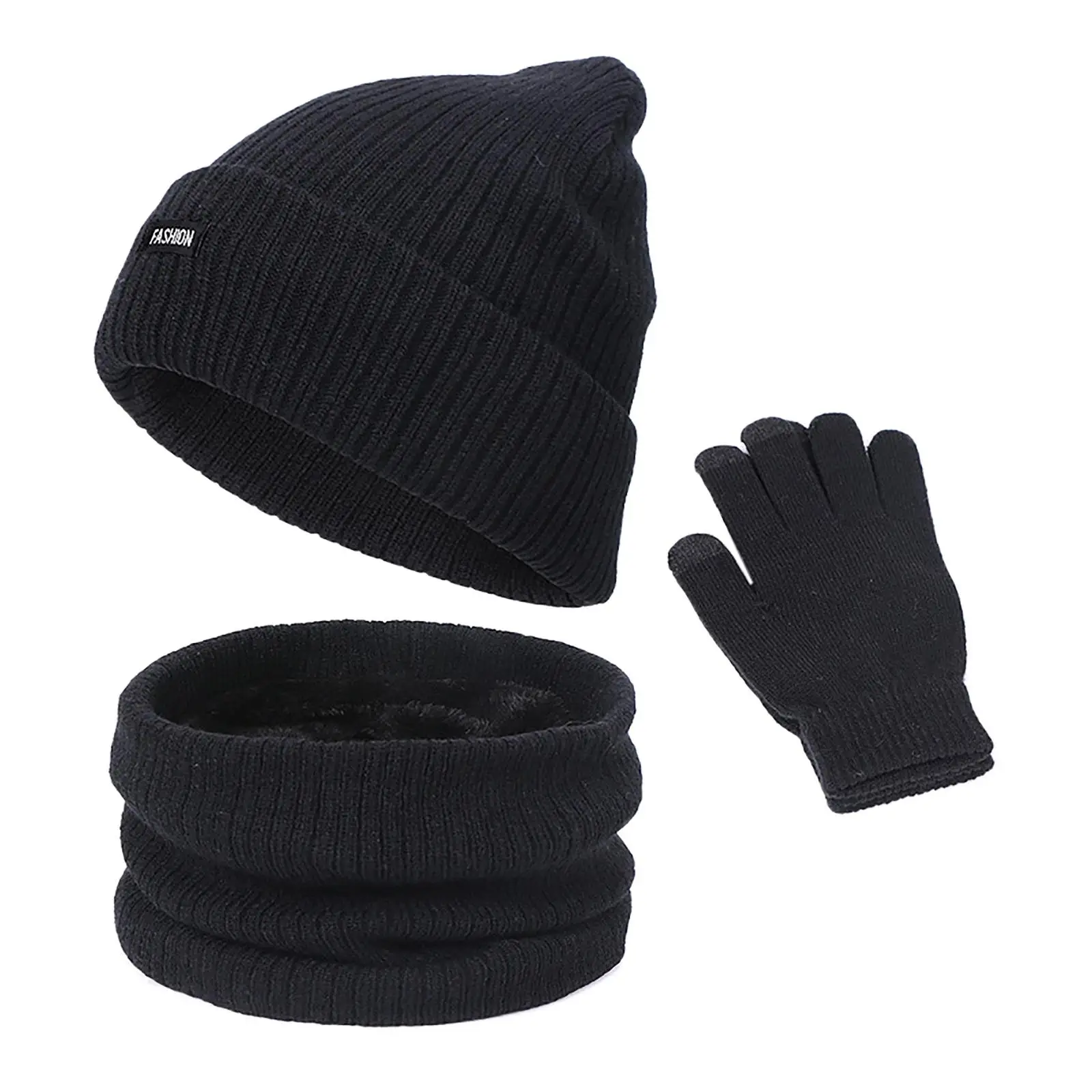 Men Women Beanie Hat Scarf Gloves Set Warm Winter Thermal Soft Thick Cotton for Ski Skating Daily Fishing Cold Weather