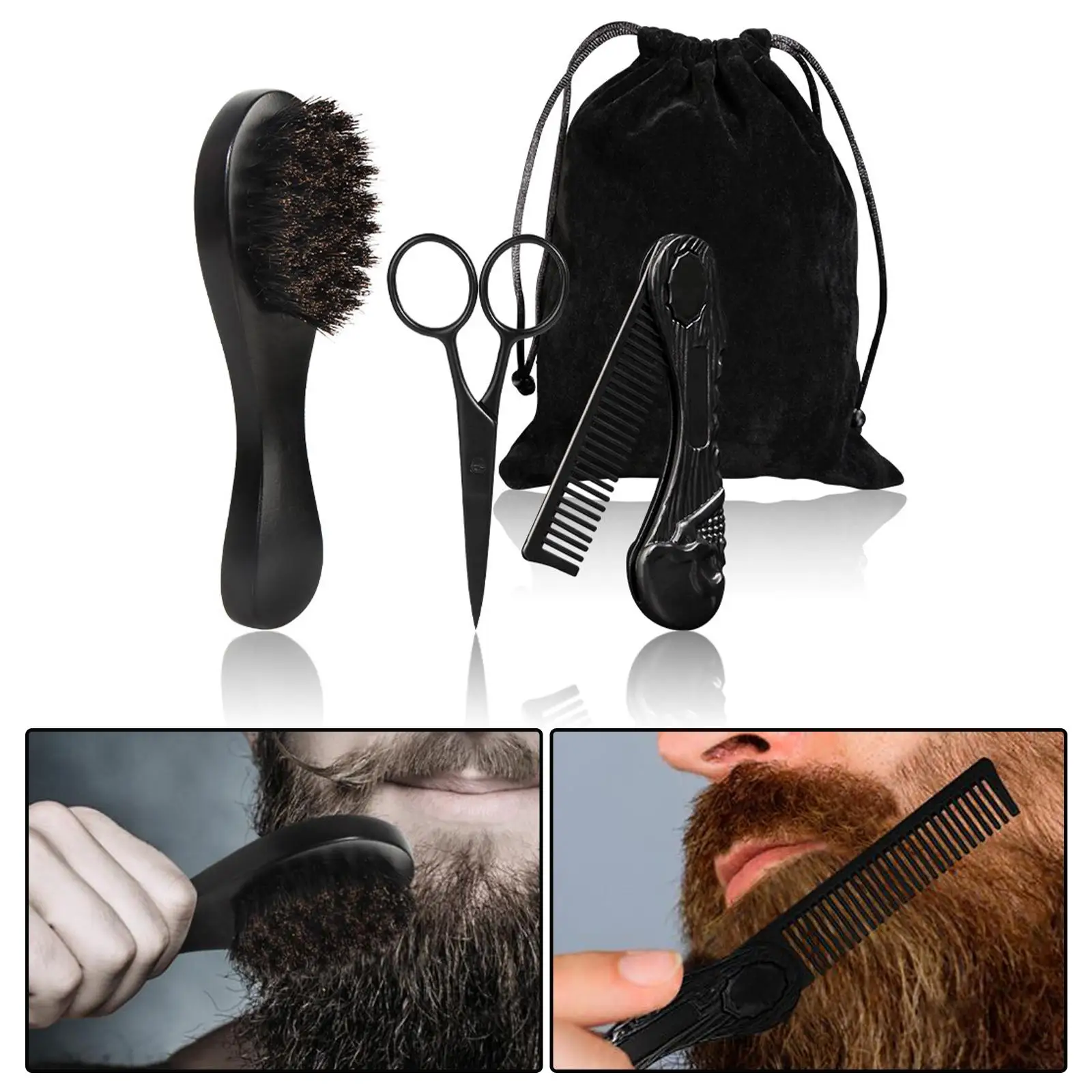 3x Men Beard Care Kit Wooden Comb Mustache Scissors for Travel Cleaning Grooming Tool