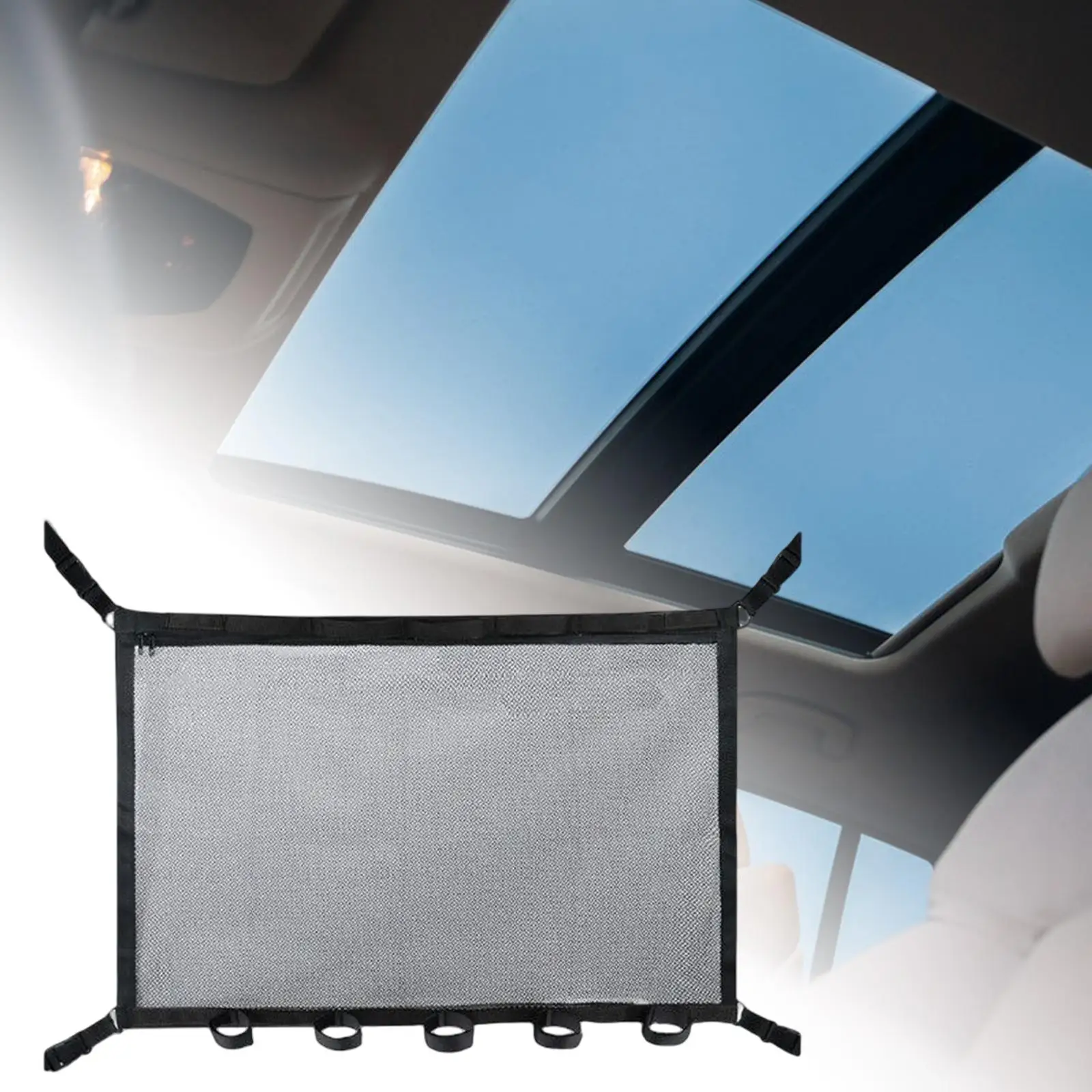 Double Layer Car Ceiling Storage Net Rod Holder with Double Zipper Mesh Car Roof