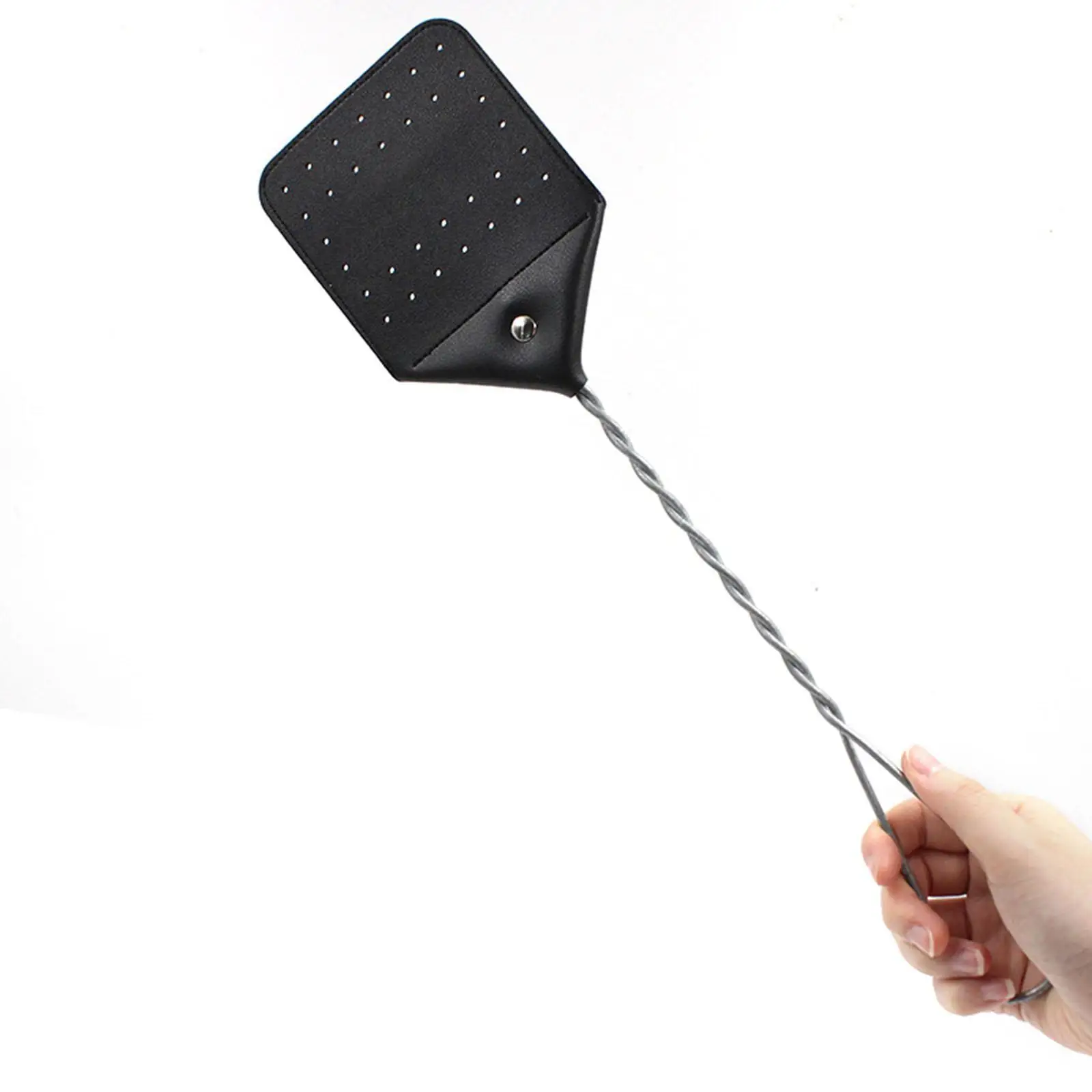 PU Leather Manual Fly Swatter Iron Long Handle for Outdoor Office Household