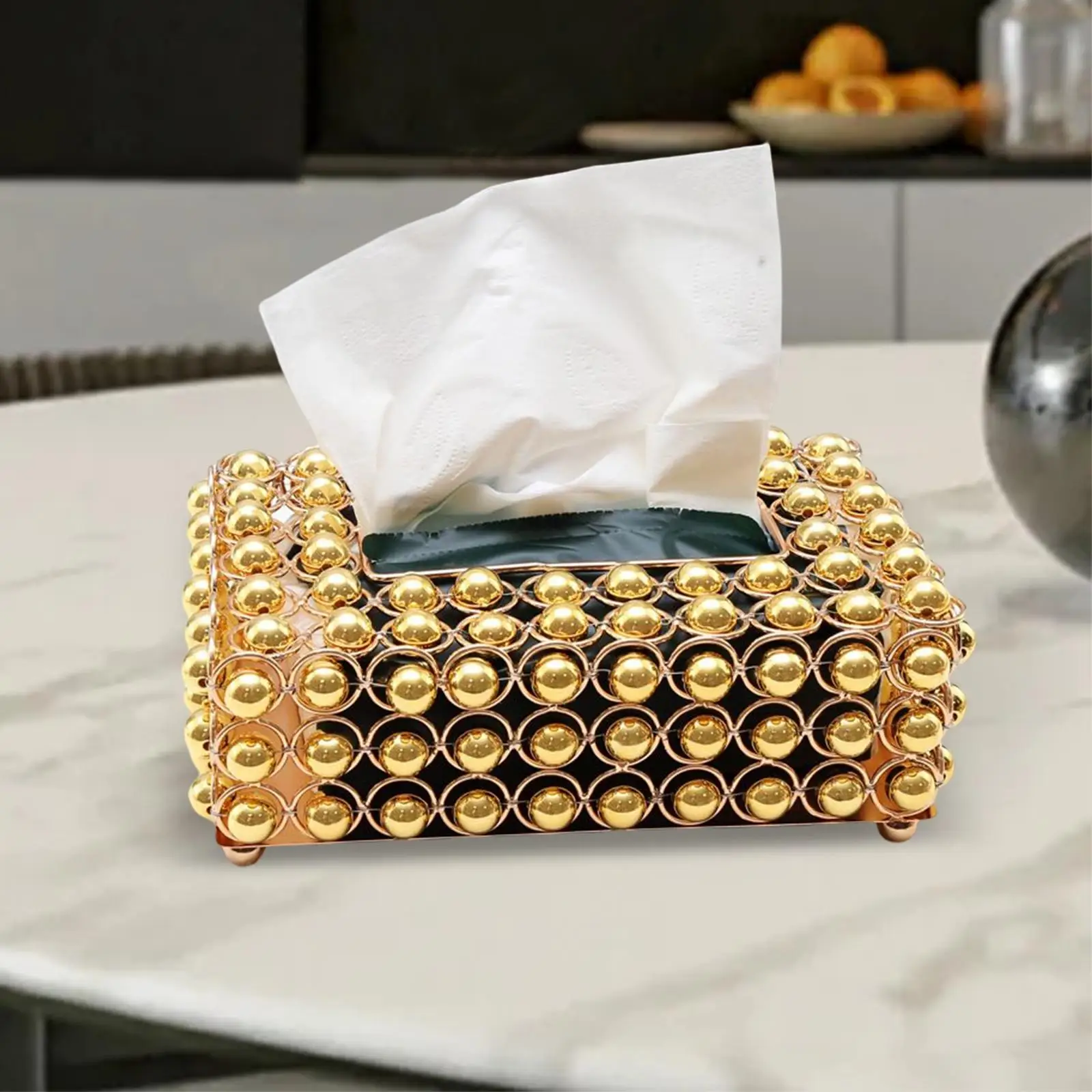 Golden Metal Simulation Pearl Facial Tissue Case for Desk Table Wedding Table Centerpiece Rectangular Toliet Paper Box Elegant