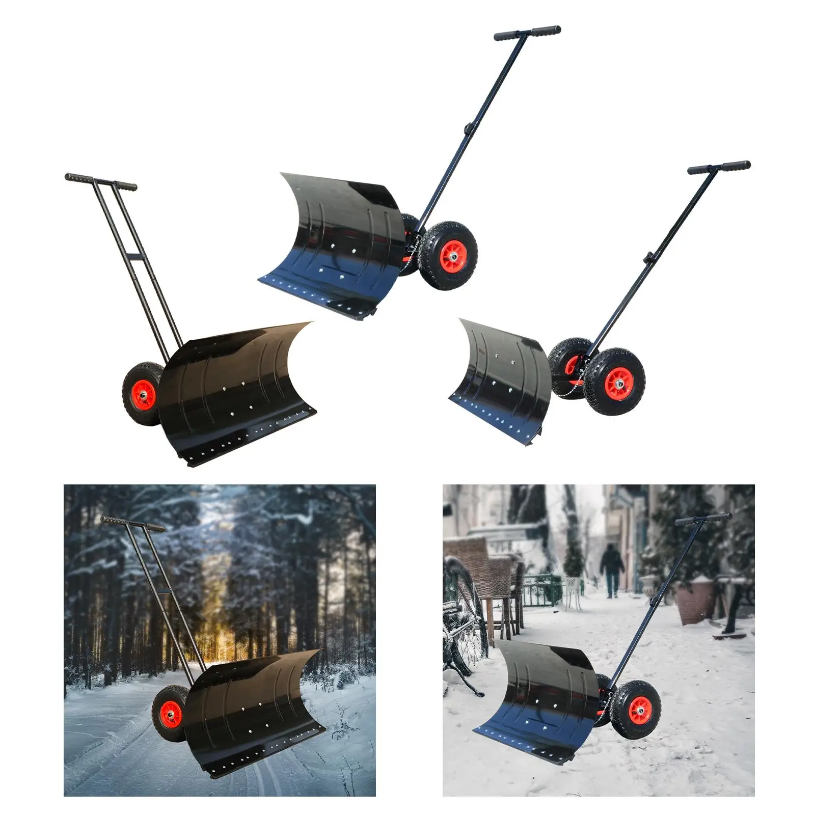 Wheeled Snow Shovel Pusher Outdoor Heavy Duty Portable Adjustable Rolling Removal Tool for Park Pavement Sidewalk Clearing Car