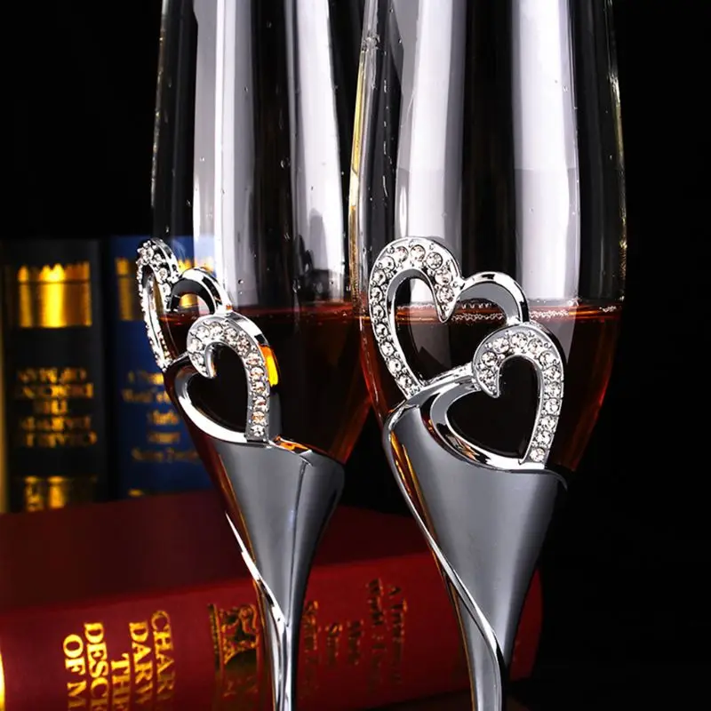 Champanhe brindar flautas acessórios de casamento, corações de ouro, conjunto de 2 novos