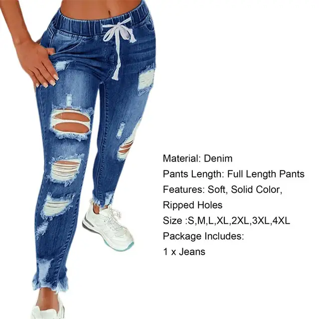 Calça jeans feminina elástica desgastada, calças stretch com buracos  ajustados - AliExpress
