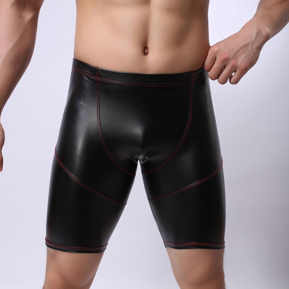 Description Picture 2 of itemSexy Mid-rise U Convex Men Panties Fine Sewing Stitching Hip Lifting Skinny Sexy Solid Color Faux Leather Male Shorts Underpants