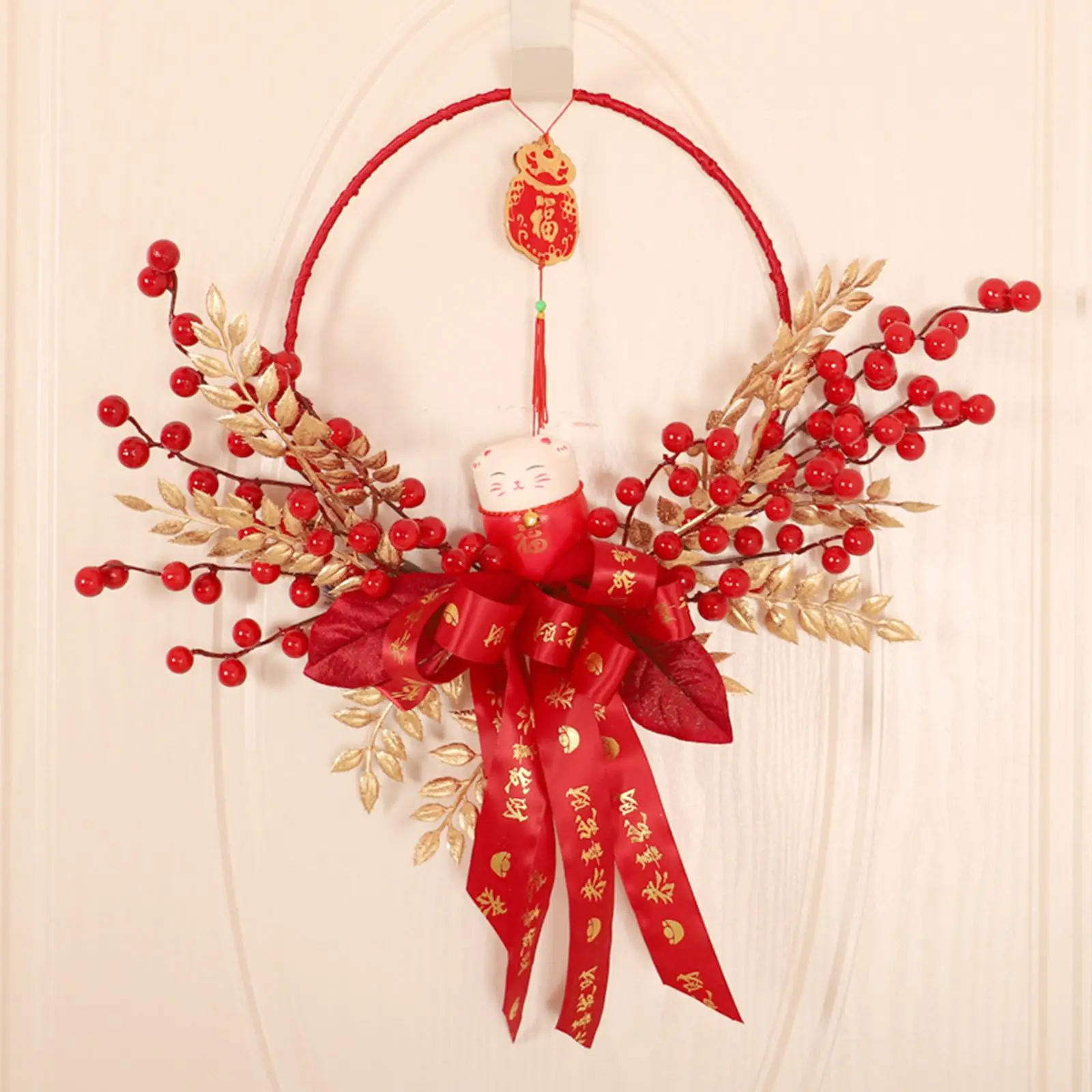 Wrought Iron Wreath Red Bowknot Fortune Cat Berries Wheat Pendant Chinese New Year Decoration for Indoor Outdoor Ornament