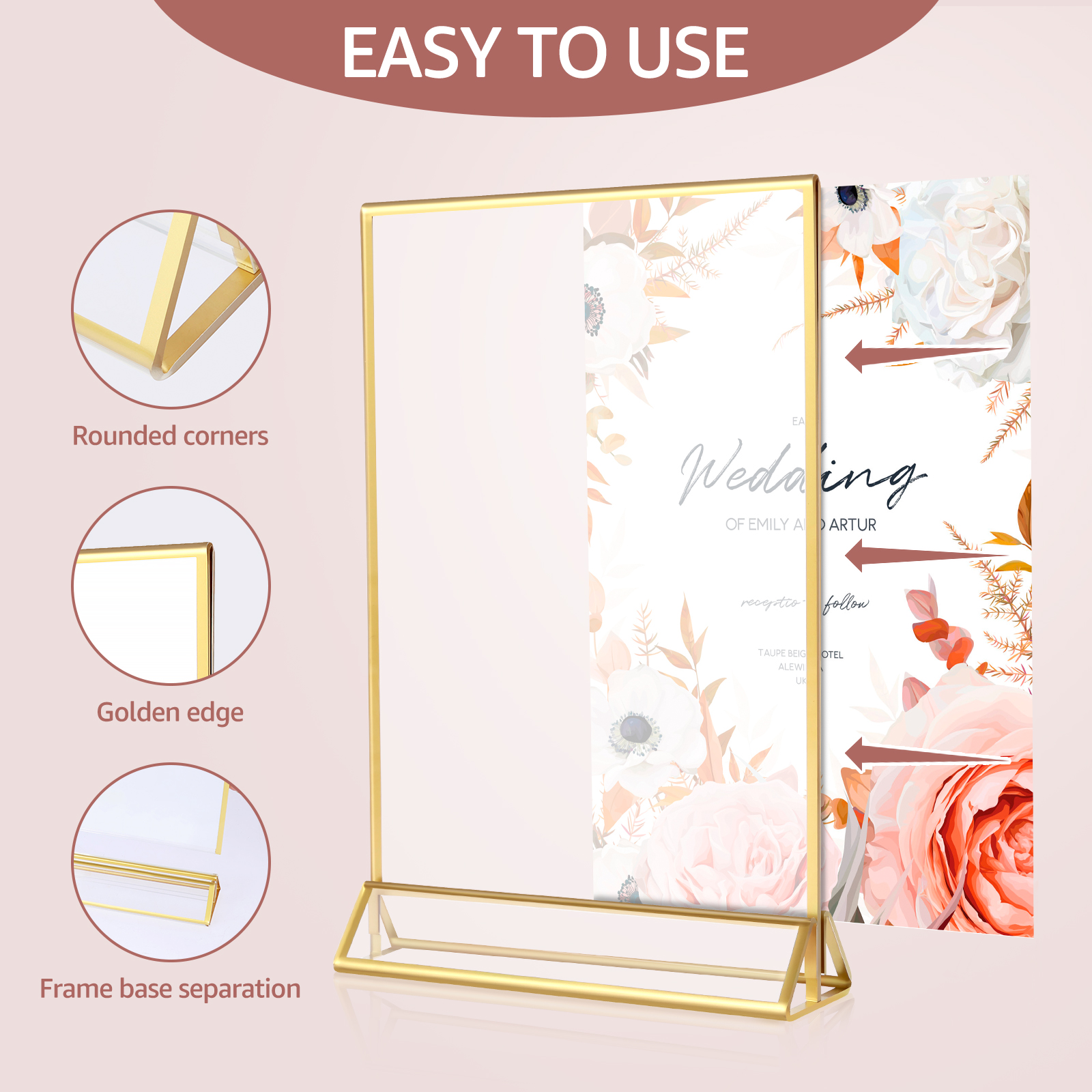 Description Picture 6 of itemAcrylic Sign Holder Gold Frames Clear Wedding Table Number Stand Menu Recipe Cards Holders Picture Frames Photo Display Stand
